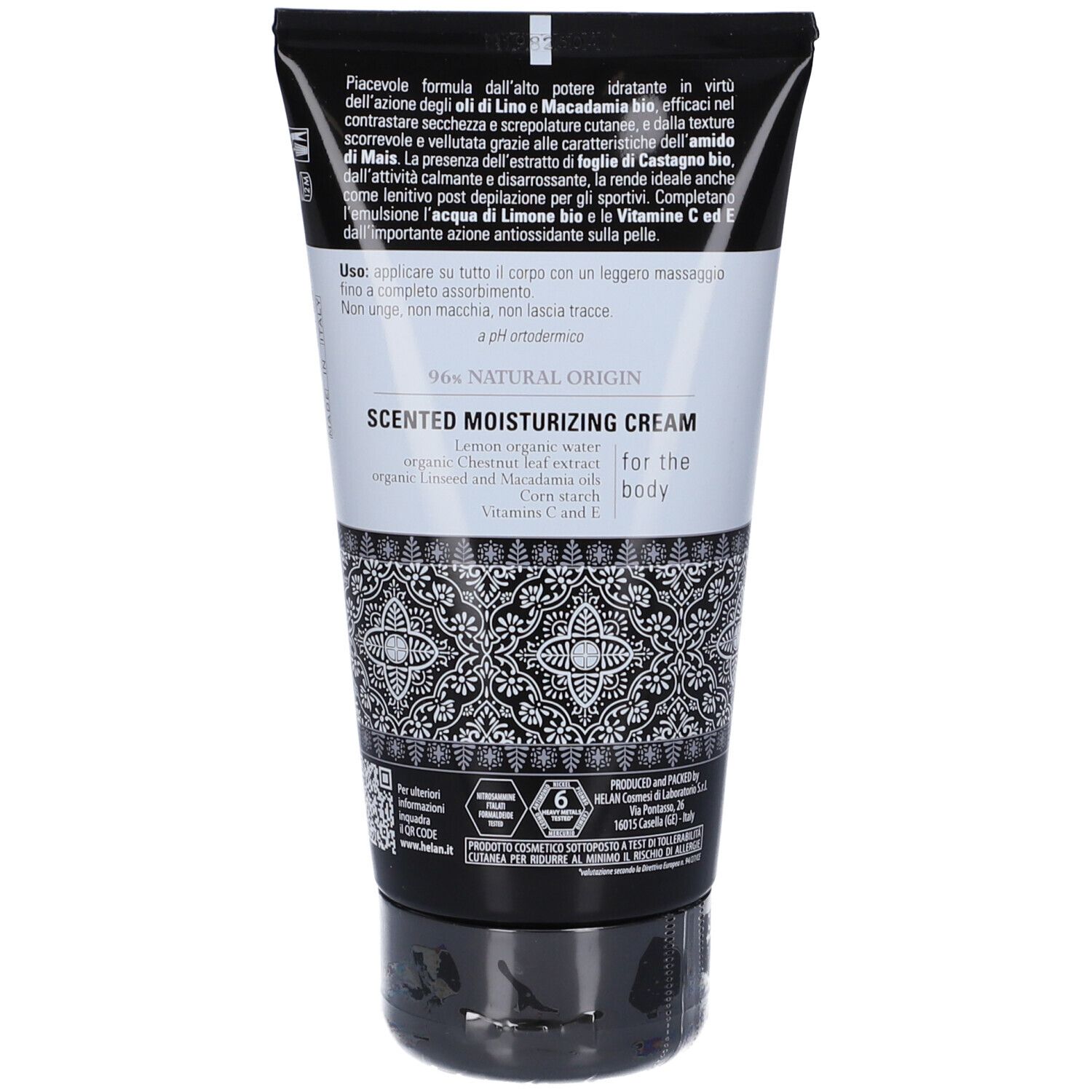 Retro del tubo crema. Testo: Scented Moisturizing Cream. Ingredienti. Testo: 96% Natural Origin. Logo.