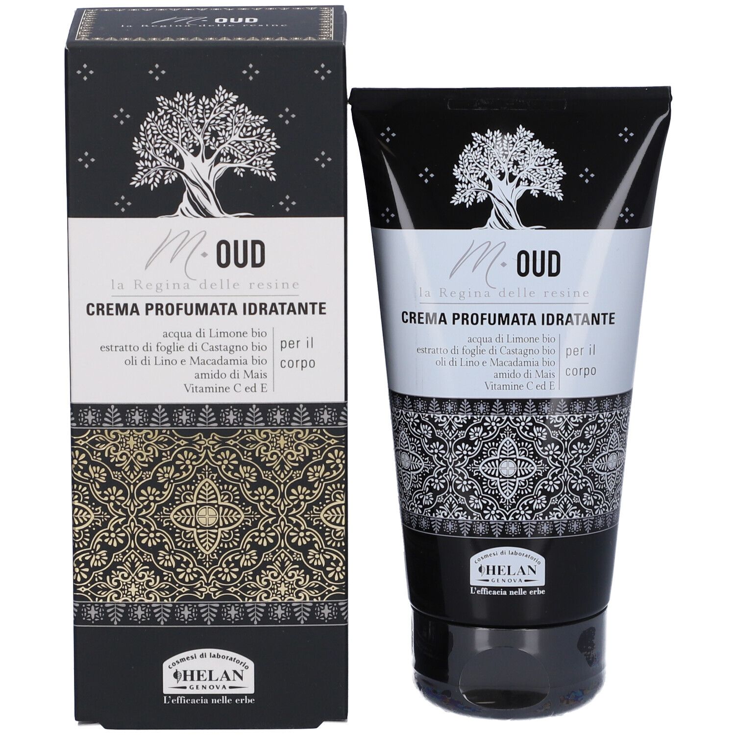 Confezione del prodotto: tubo e scatola. Scritta: M-OUD, CREMA PROFUMATA IDRATANTE. Logo: albero con corona. Marchio: HELAN.