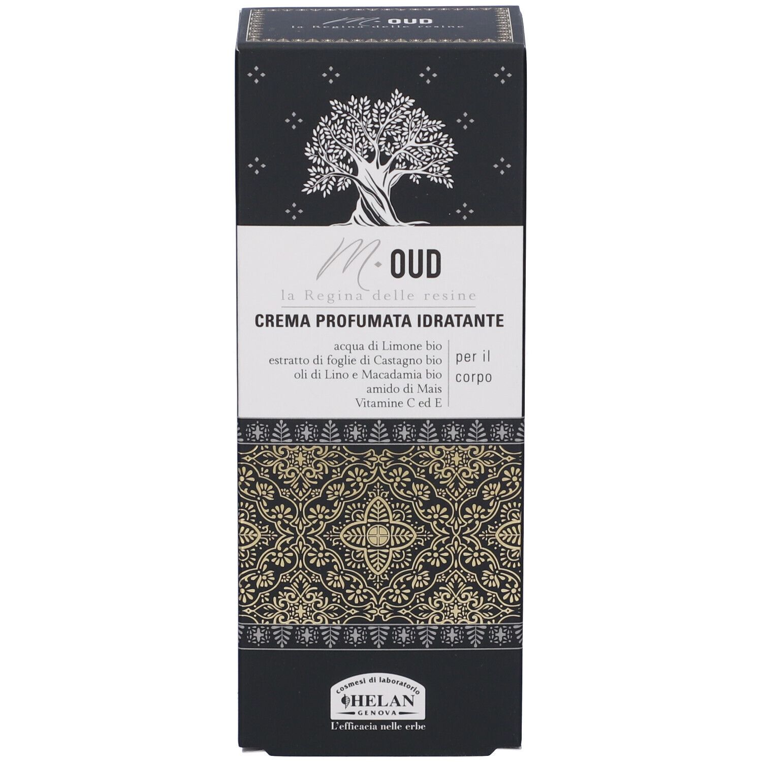 Scatola con scritta: M-OUD, CREMA PROFUMATA IDRATANTE. Logo: albero con corona. Marchio: HELAN. Sfondo nero.
