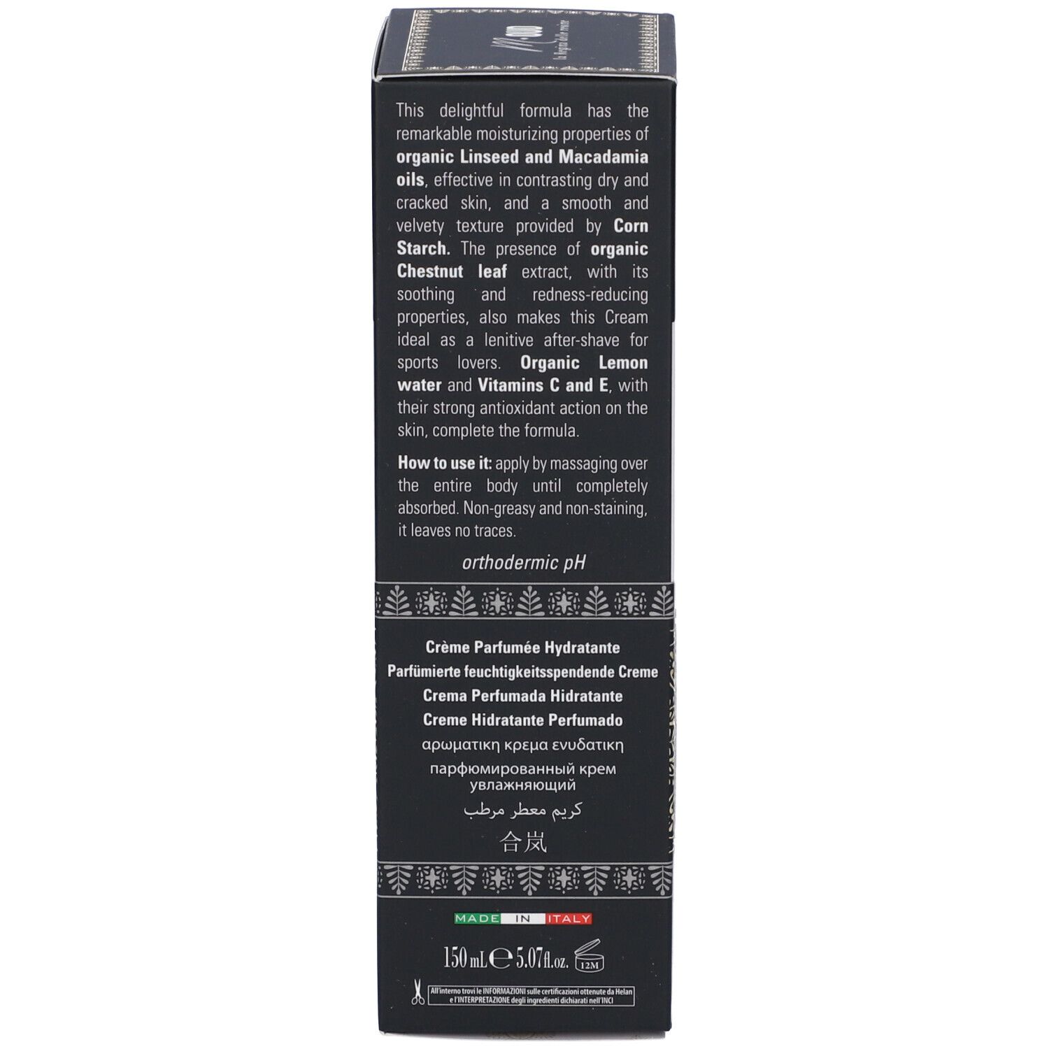 Testo sulla scatola. Descrizione della crema. Ingredienti. Istruzioni per l'uso. Testo: orthodermic pH. Prodotto in Italia.