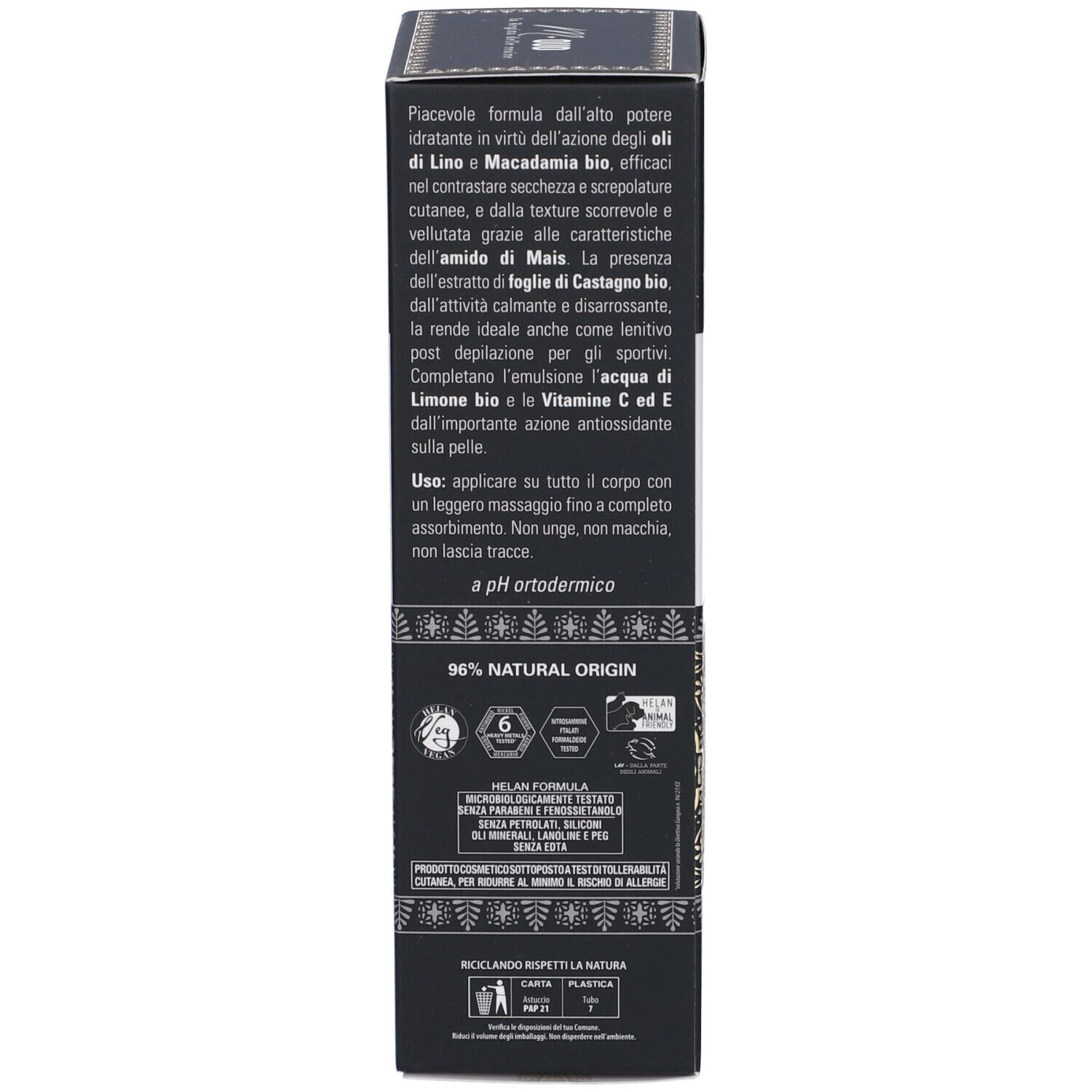 Testo sulla scatola. Descrizione della crema. Ingredienti. Istruzioni per l'uso. Testo: 96% NATURAL ORIGIN. Loghi.