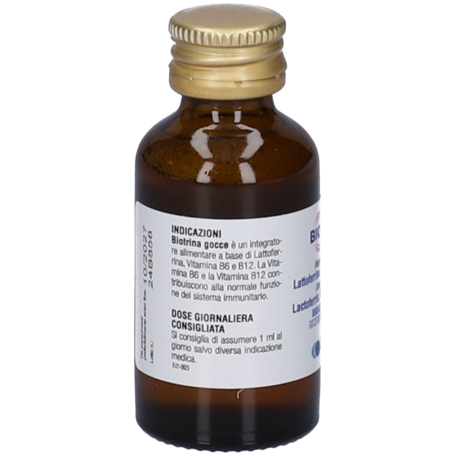 Flacone di vetro marrone con tappo dorato. Etichetta con informazioni e dosaggio consigliato.
