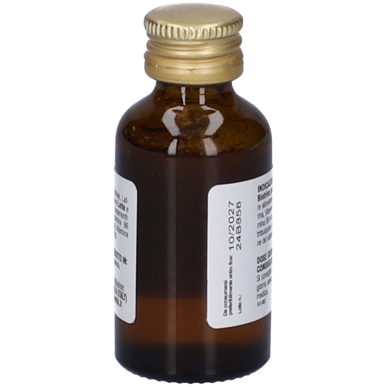 Flacone di vetro marrone con tappo dorato. Etichetta con data di scadenza e numero di lotto.