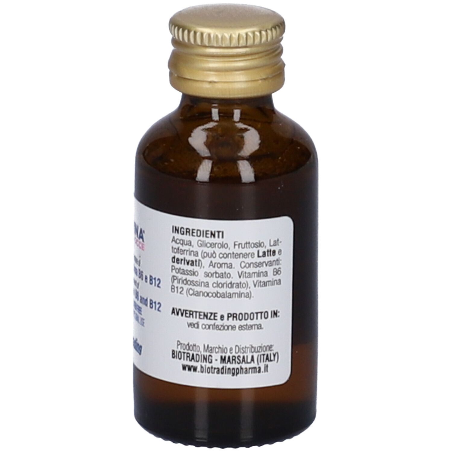 Flacone di vetro marrone con tappo dorato. Etichetta con ingredienti e informazioni produttore.