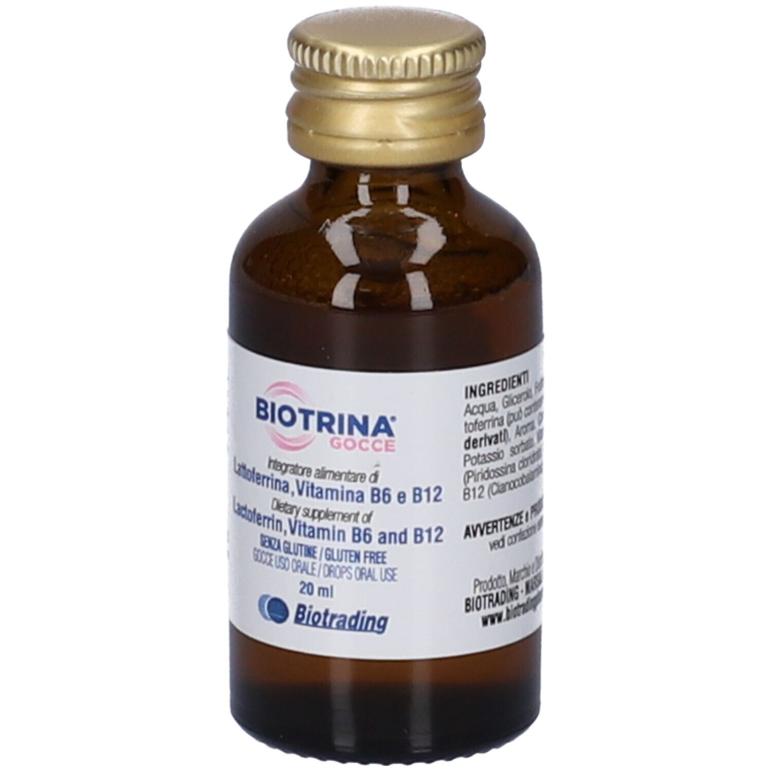 Flacone di vetro marrone con tappo dorato. Etichetta BIOTRINA GOCCE e informazioni.