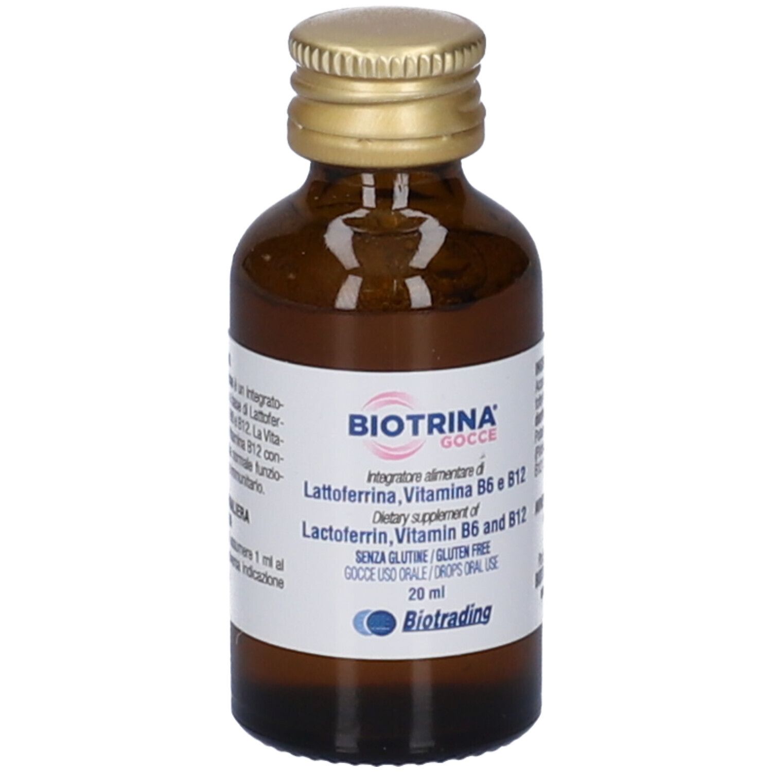 Flacone di vetro marrone con tappo dorato. Etichetta BIOTRINA GOCCE e informazioni.