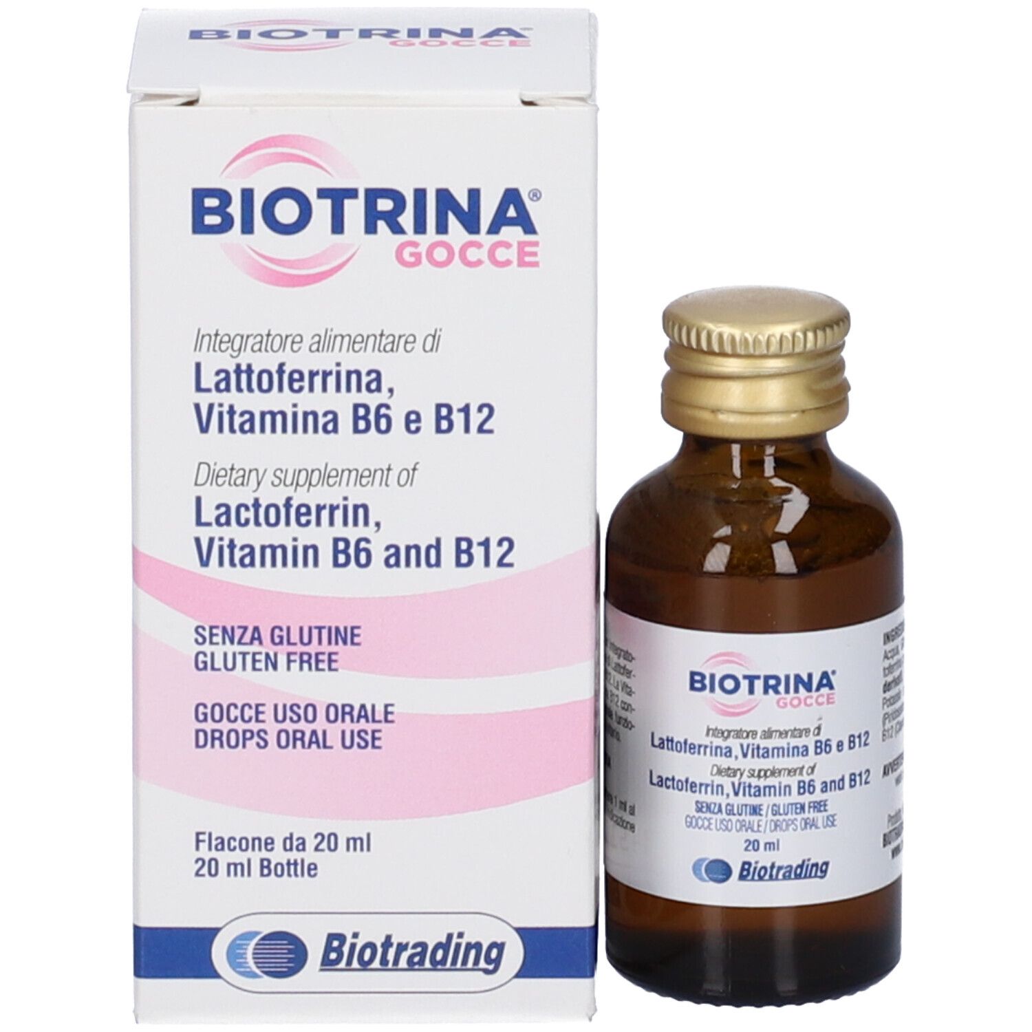 Flacone e confezione. Scatola bianca con logo BIOTRINA GOCCE e informazioni.