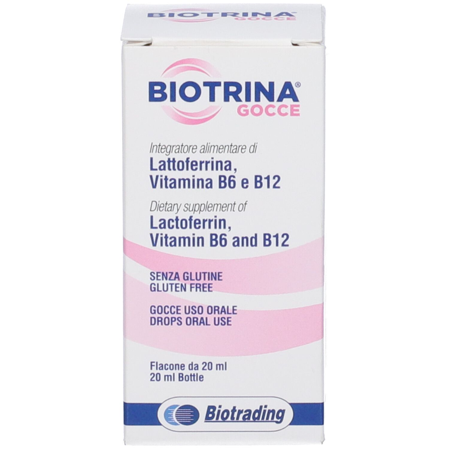 Scatola bianca con logo BIOTRINA GOCCE e informazioni. Flacone non visibile.
