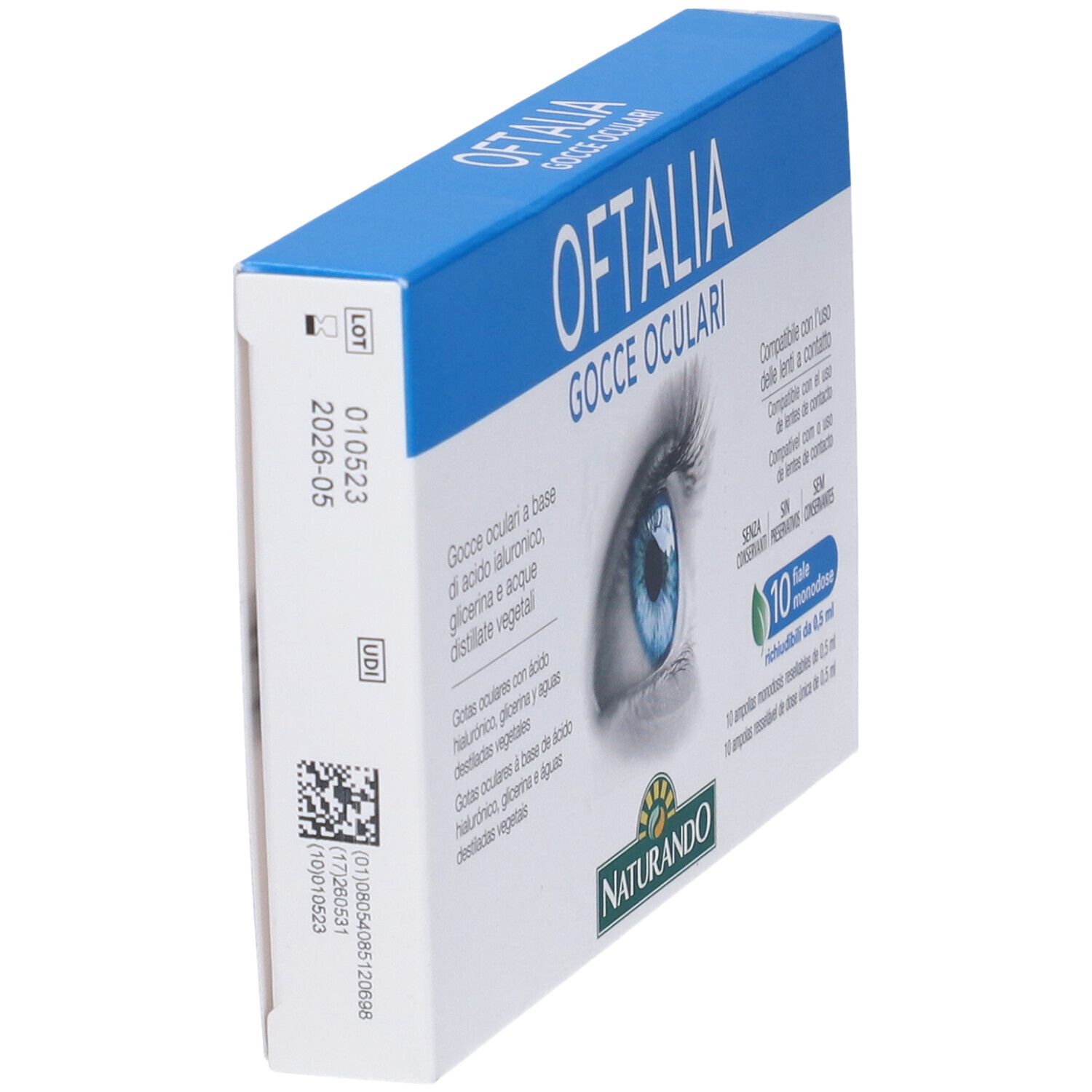 Confezione di gocce oculari Oftalia, vista laterale. Scatola blu e bianca. Testo e codice a barre.