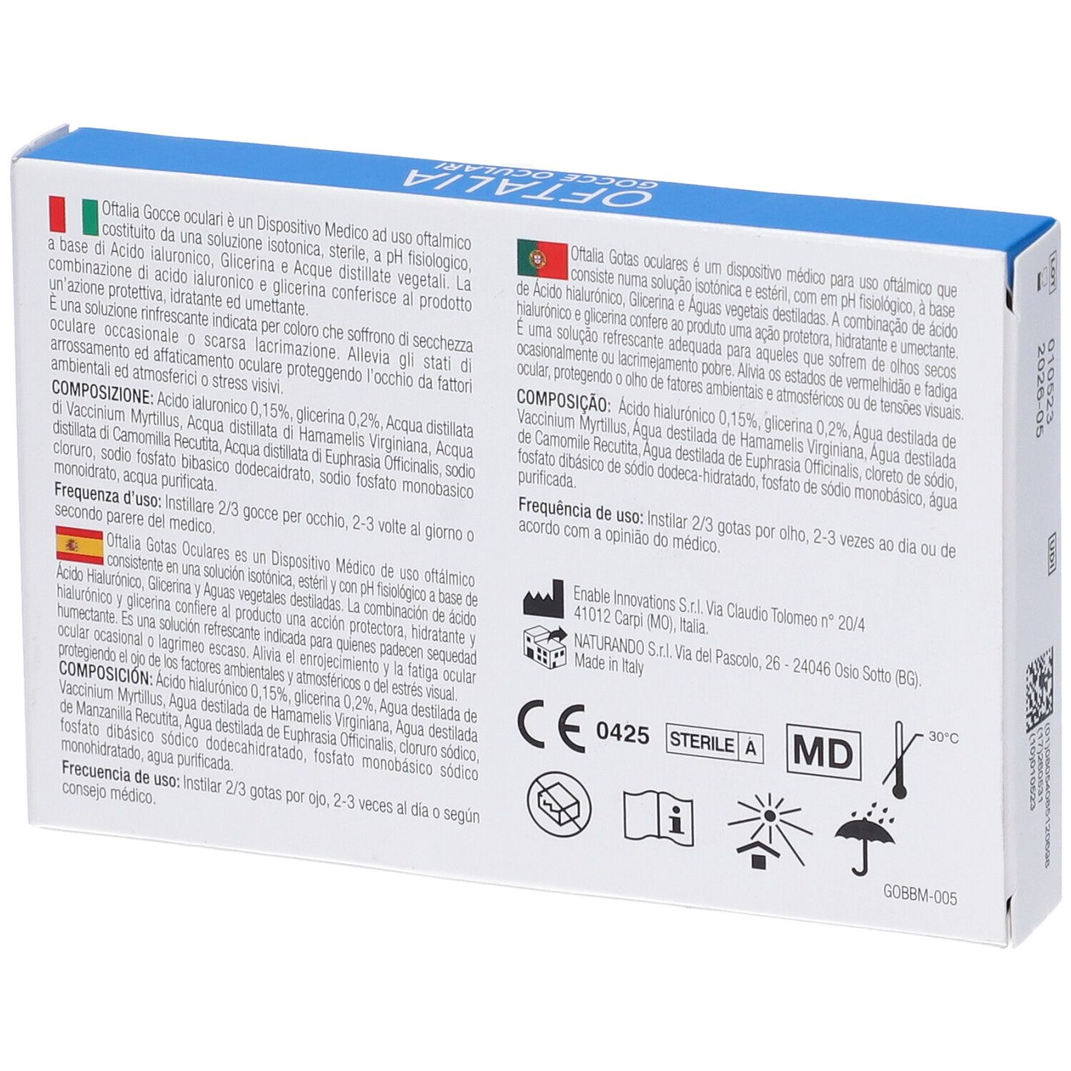 Retro della confezione di gocce oculari Oftalia. Testo multilingue. Marcatura dispositivo medico.