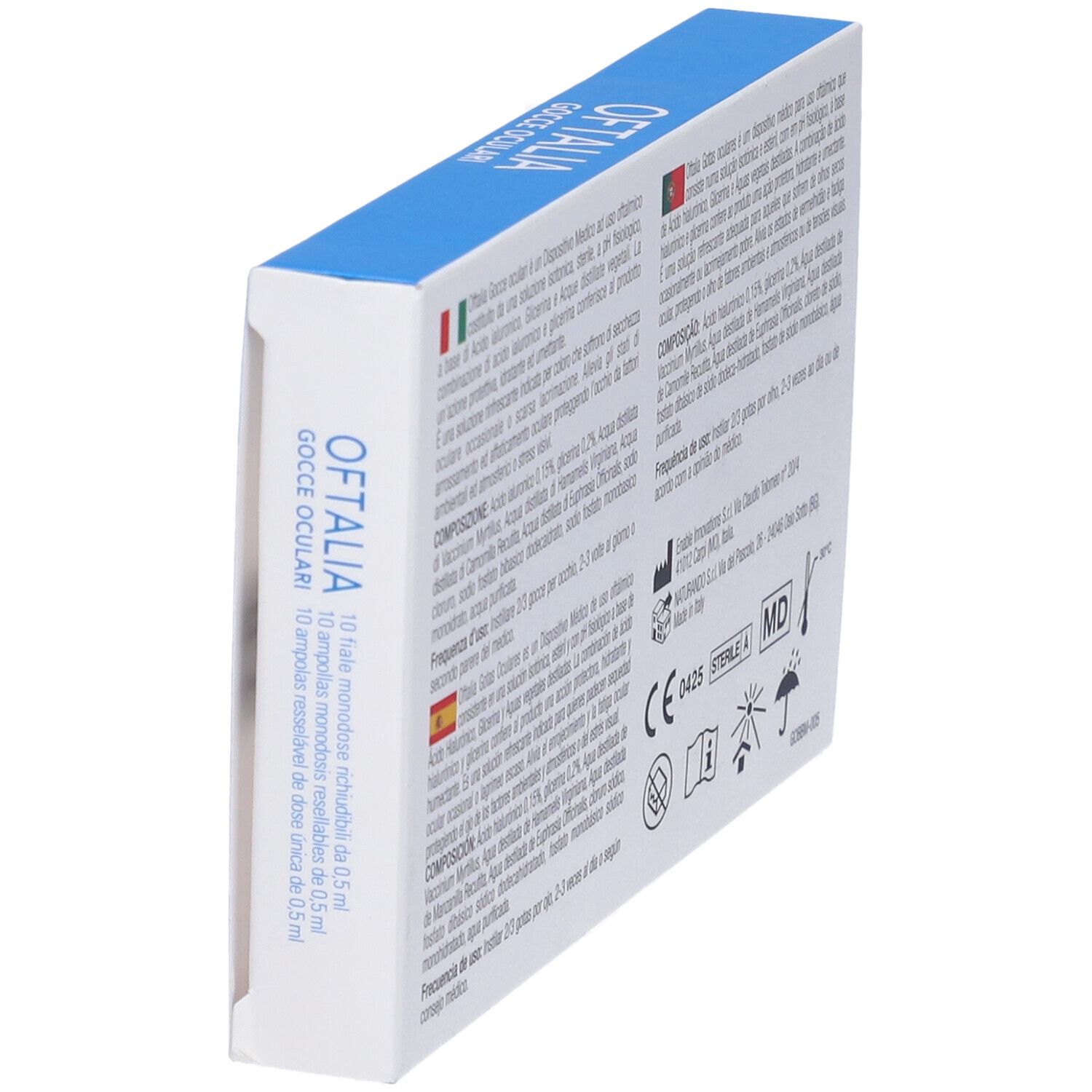 Confezione di gocce oculari Oftalia, vista obliqua. Testo multilingue. Marcatura dispositivo medico.