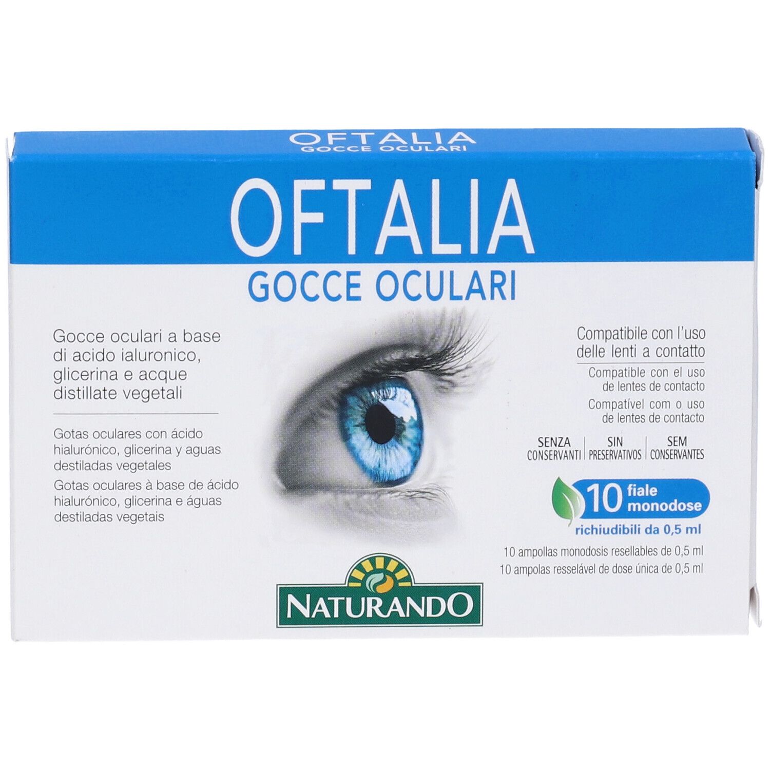 Confezione di gocce oculari Oftalia. Scatola blu e bianca con immagine occhio. 10 fiale monodose.