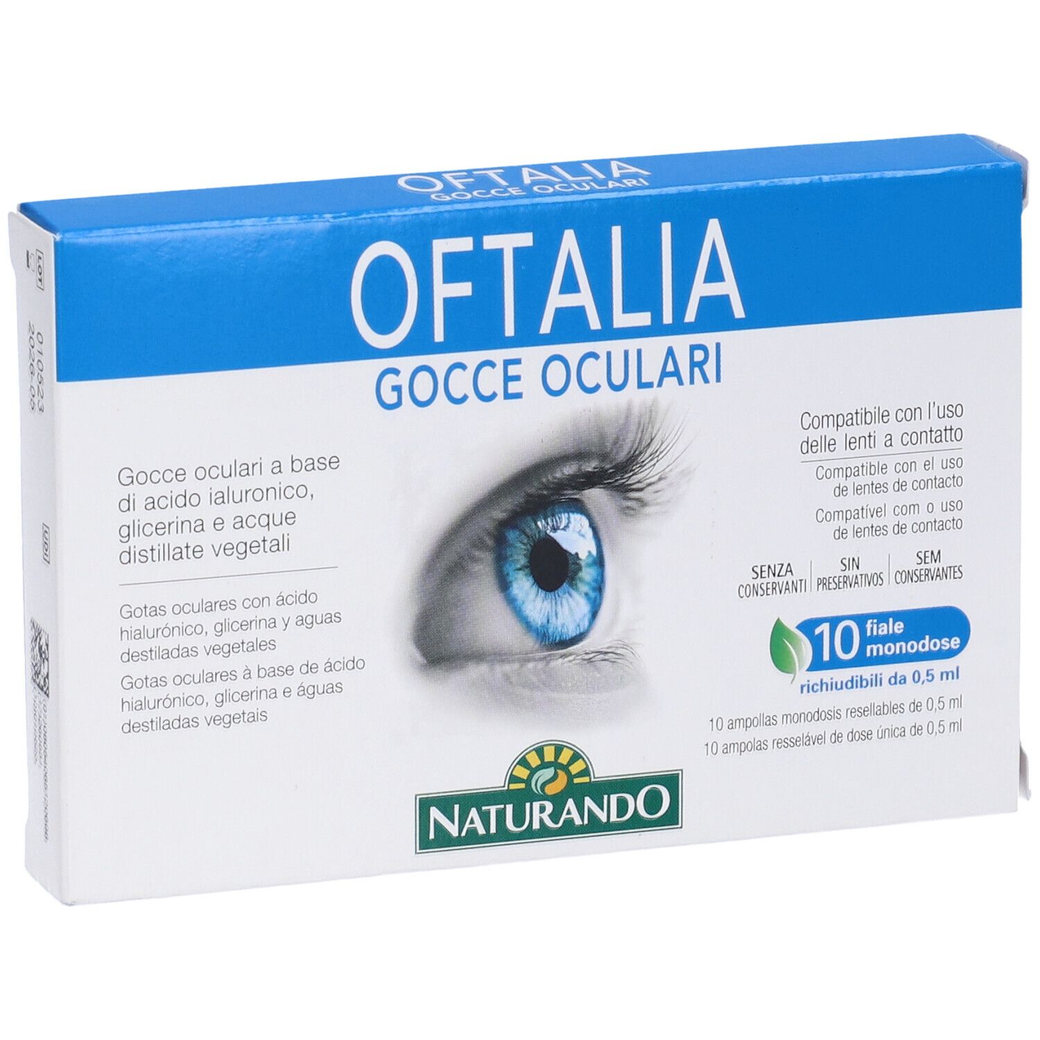 Confezione di gocce oculari Oftalia. Scatola blu e bianca con immagine occhio. 10 fiale monodose.