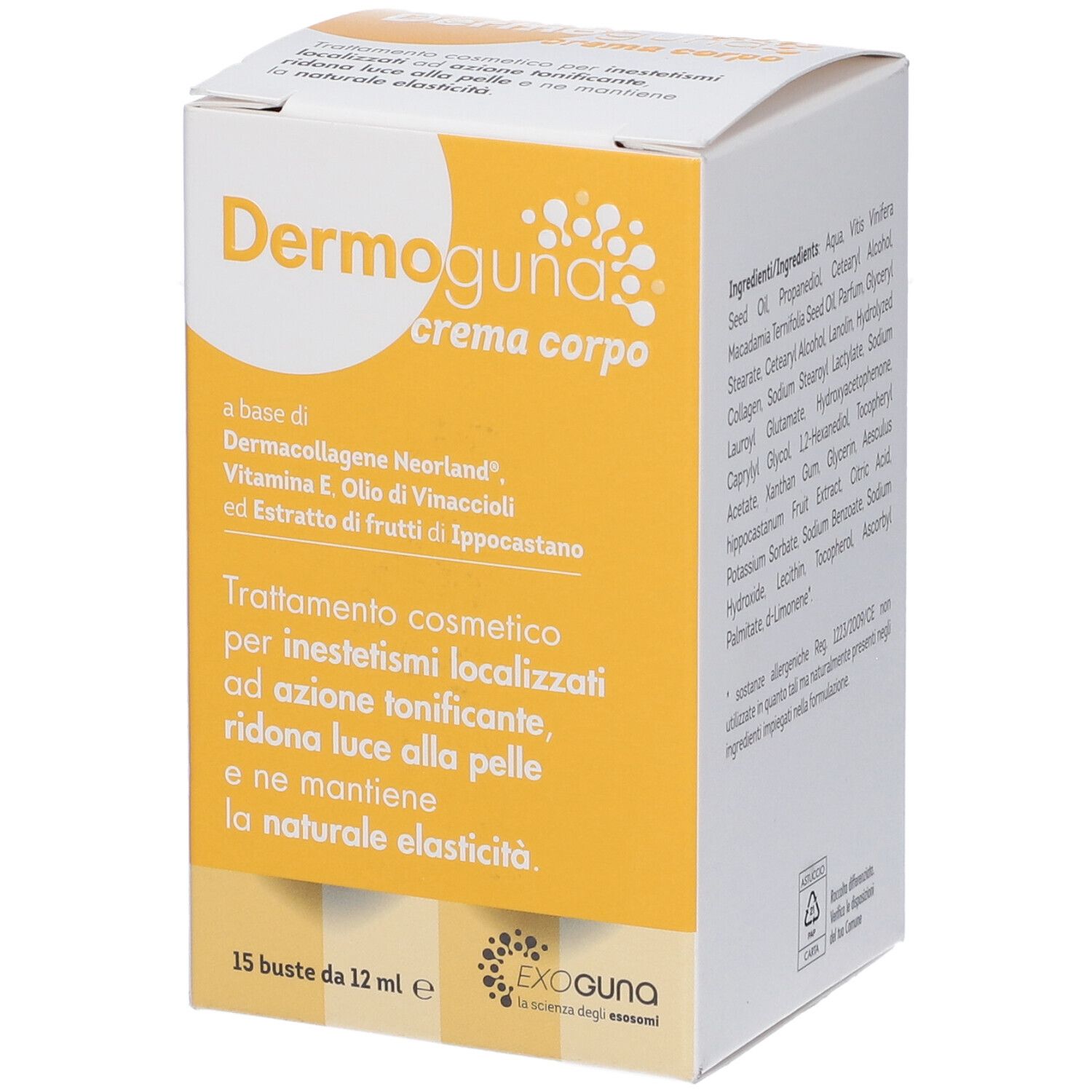 Scatola Dermoguna Crema Corpo. Ingredienti e testo in italiano. 15 bustine.
