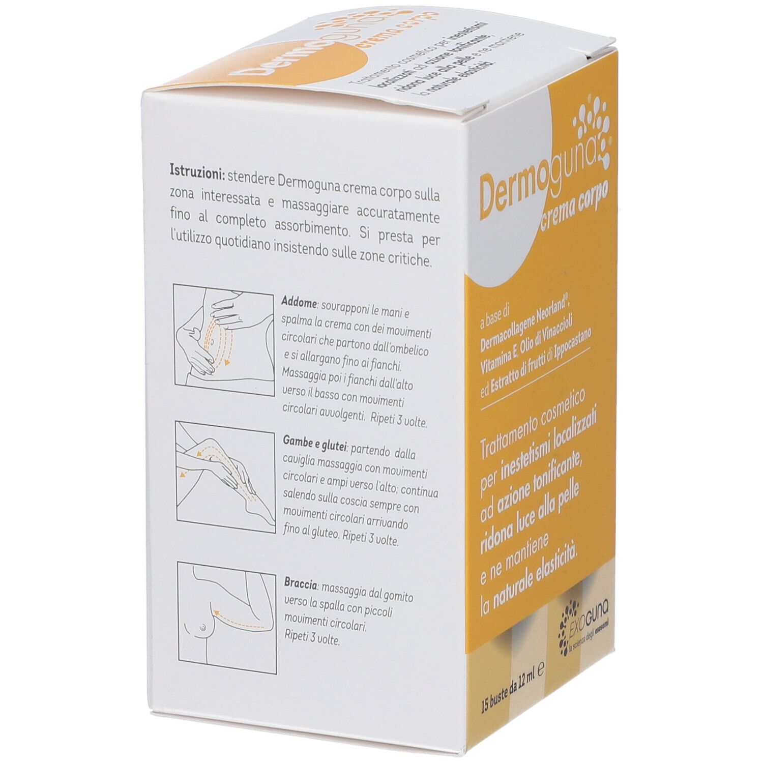 Scatola Dermoguna Crema Corpo. Retro con istruzioni per l'uso e informazioni sul prodotto.
