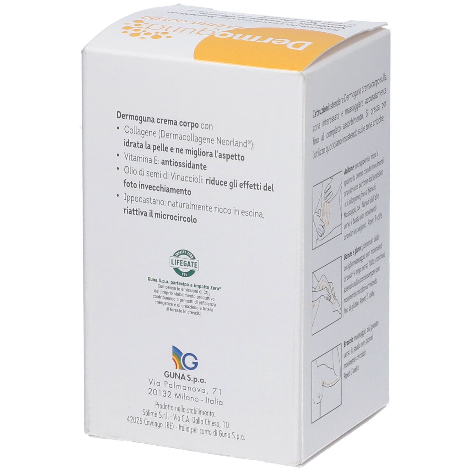 Scatola Dermoguna Crema Corpo. Retro con informazioni sul prodotto e certificazioni.