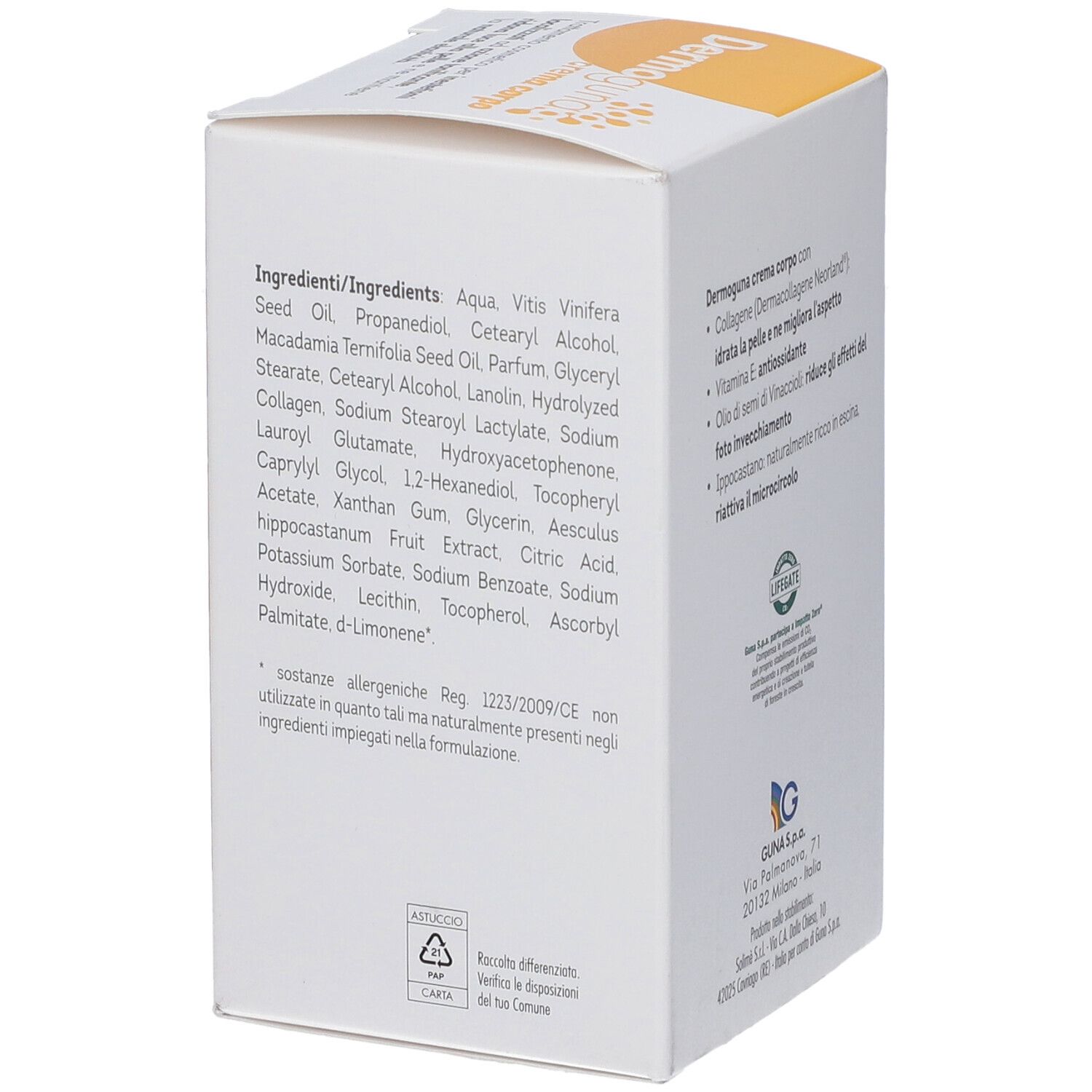 Scatola Dermoguna Crema Corpo. Retro con ingredienti e certificazioni.