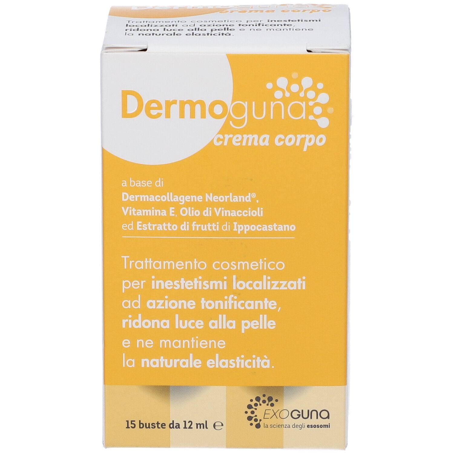 Scatola Dermoguna Crema Corpo. Fronte con nome del prodotto e ingredienti. 15 bustine.