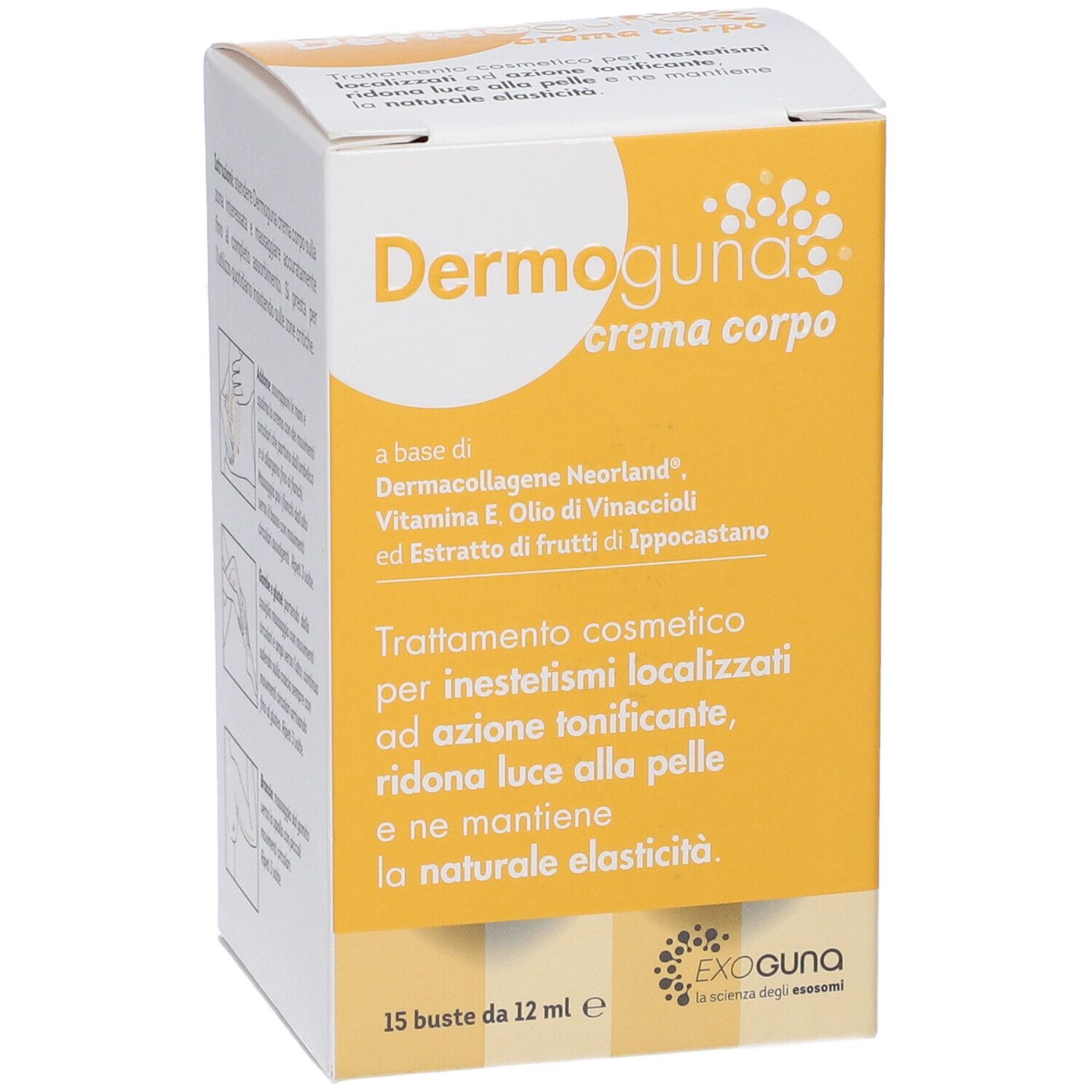 Scatola Dermoguna Crema Corpo. Fronte con nome del prodotto e ingredienti. 15 bustine.