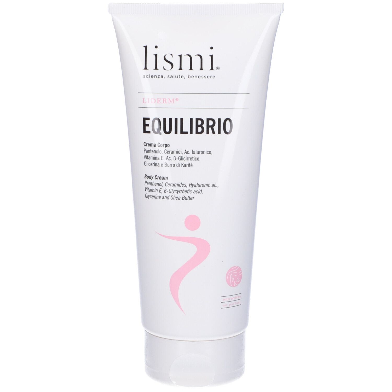 Tubo bianco con nome del prodotto e logo. Testo: Liderm, Equilibrio, Creme Corpo. Grafica rosa. Tappo bianco.
