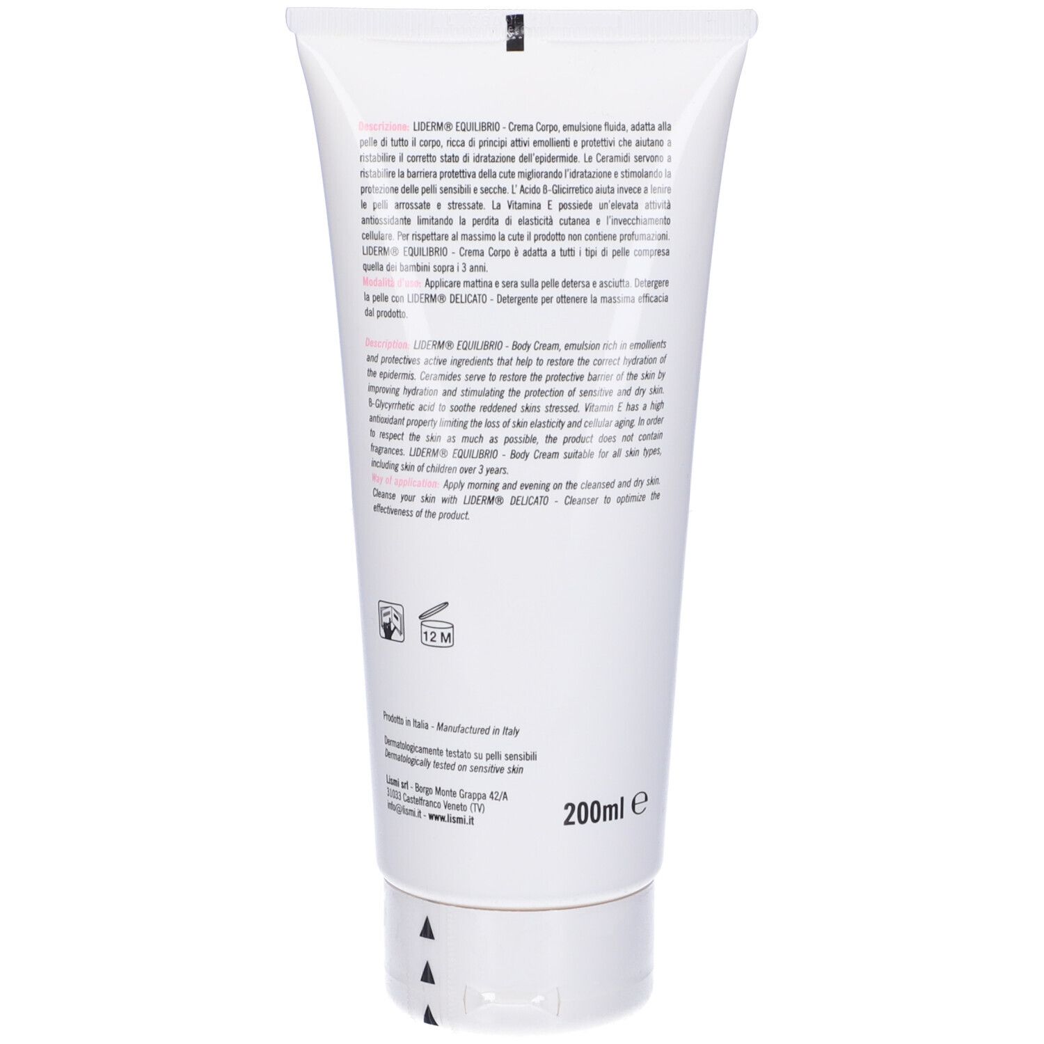 Retro del tubo bianco. Testo: Liderm Equilibrio Creme Corpo. Testo in italiano. 200ml.