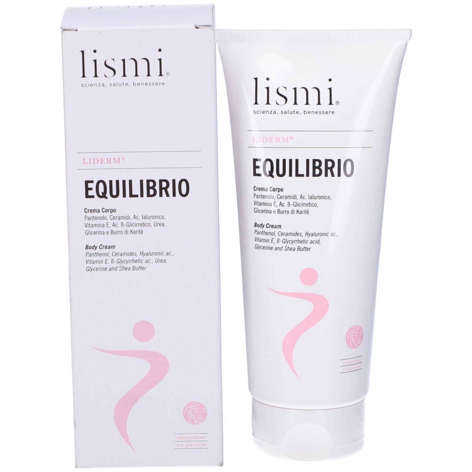 Tubo e scatola bianchi con nome del prodotto e logo. Testo: Liderm, Equilibrio, Creme Corpo. Grafica rosa.