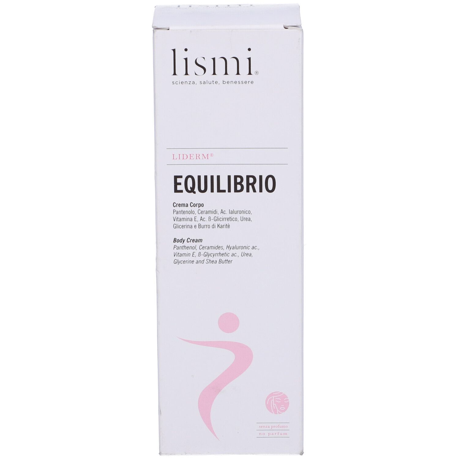 Scatola bianca con nome del prodotto e logo. Testo: Liderm, Equilibrio, Creme Corpo. Grafica rosa.