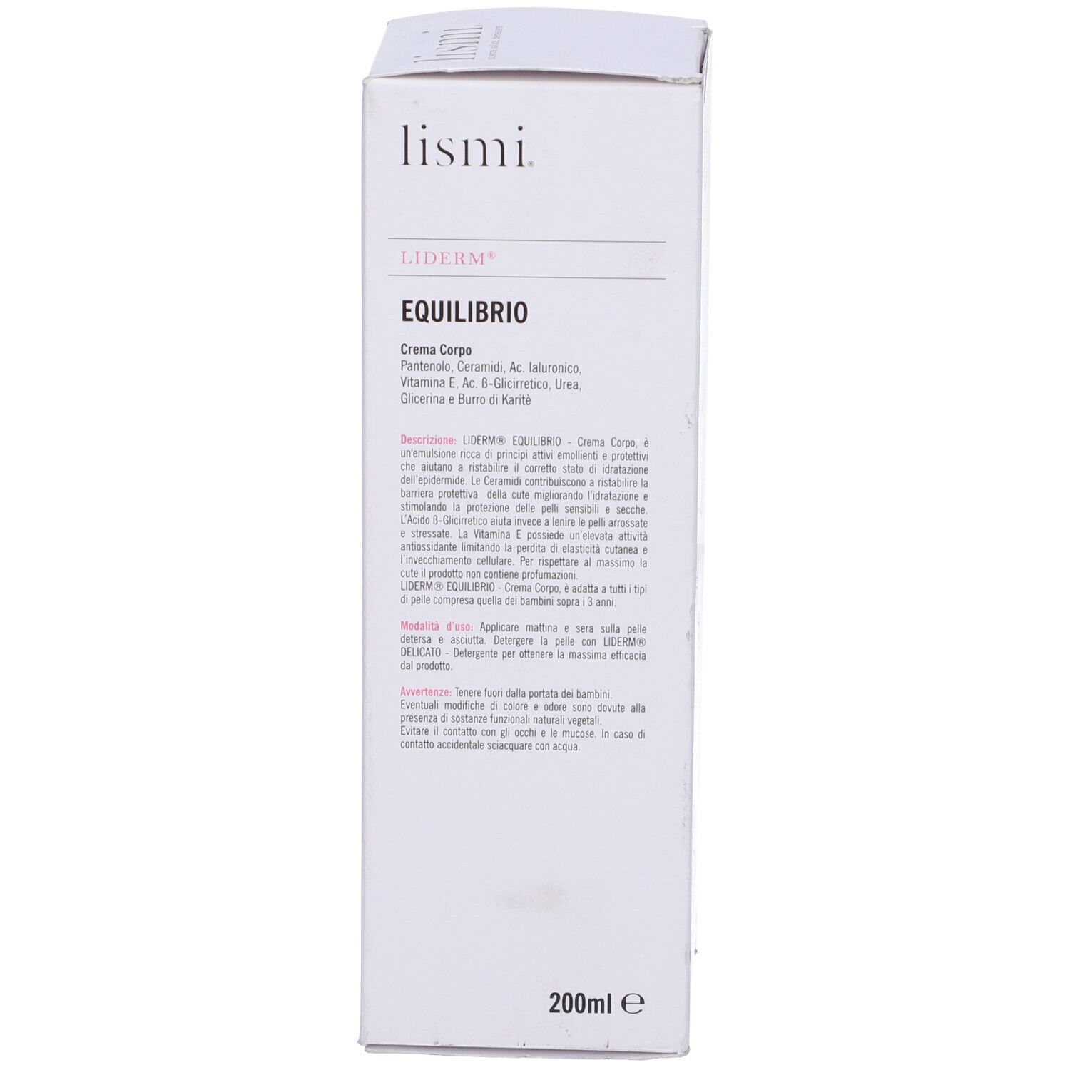 Retro della scatola bianca. Testo in italiano. Nome prodotto: Liderm Equilibrio Creme Corpo. 200ml.