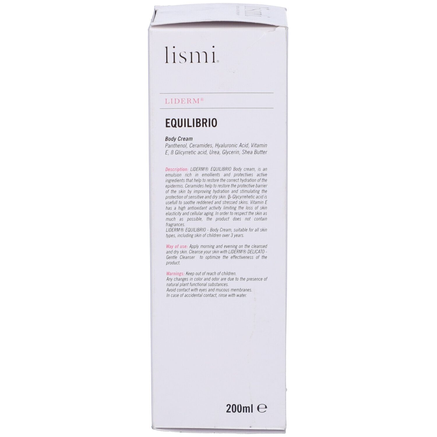 Retro della scatola bianca. Testo in italiano. Nome prodotto: Liderm Equilibrio Creme Corpo. 200ml.