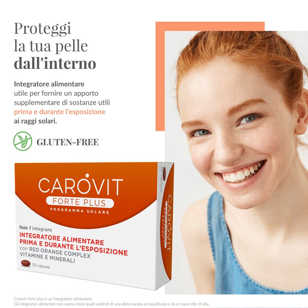 Donna dai capelli rossi e scatola CAROVIT Forte Plus. Logo senza glutine. Informazioni sul prodotto.