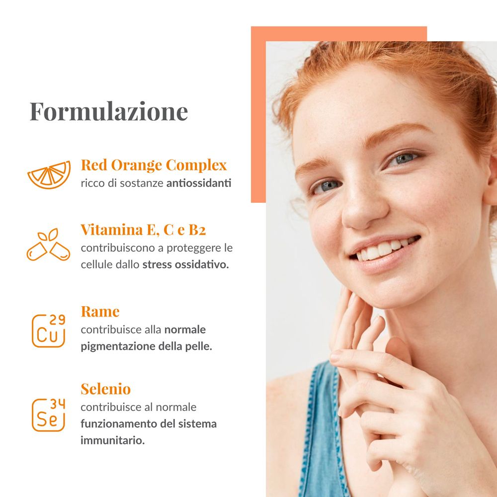 Grafico con ingredienti: Red Orange Complex, Vitamina E, C, B2, Rame, Selenio. Donna sullo sfondo.
