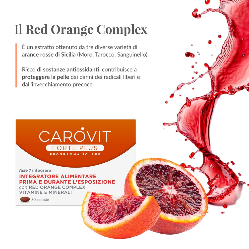 Arance rosse e scatola CAROVIT Forte Plus. Informazioni sul prodotto e testo sul Red Orange Complex.