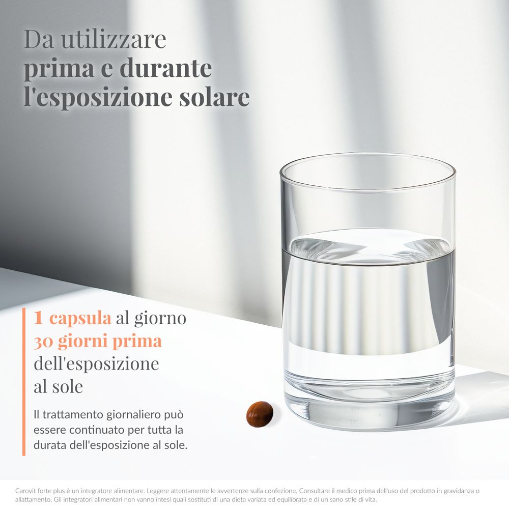 Bicchiere d'acqua e capsula. Testo: 1 capsula al giorno, 30 giorni prima dell'esposizione solare.
