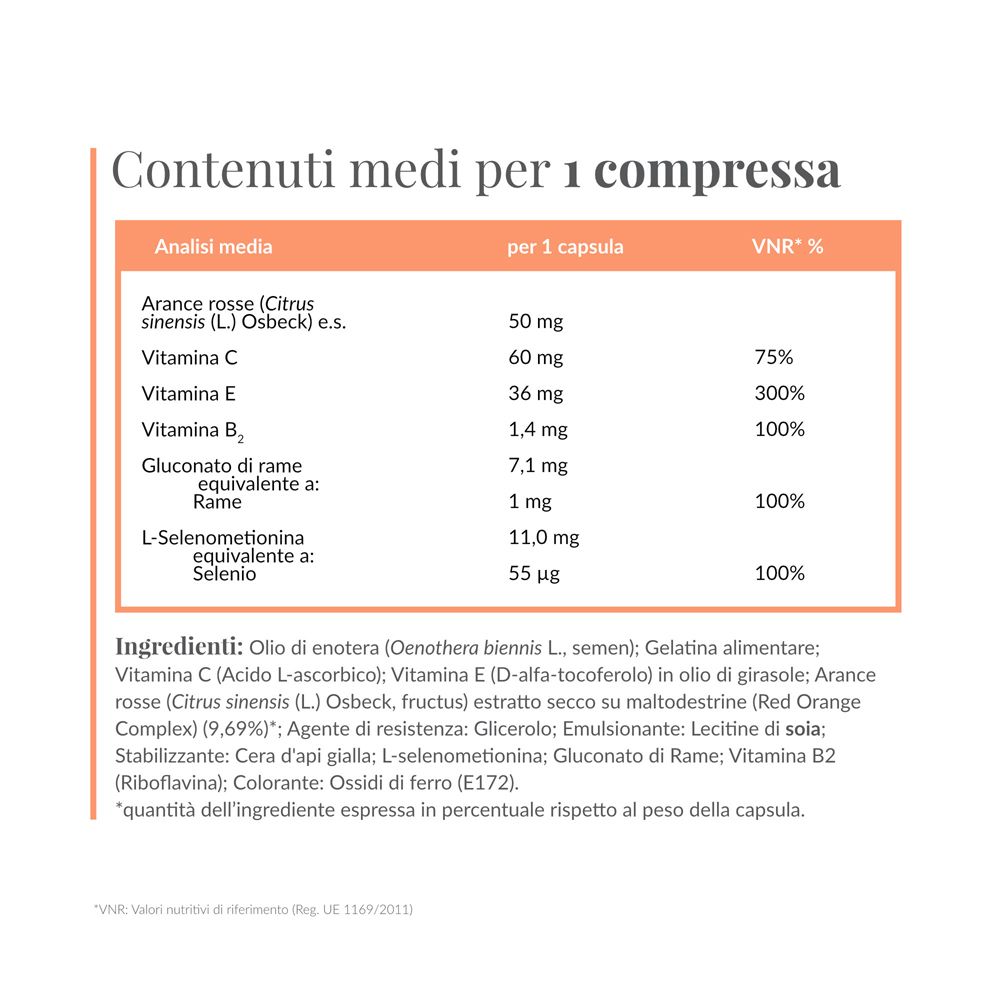 Tabella nutrizionale con ingredienti e % dei valori nutritivi di riferimento (VNR).
