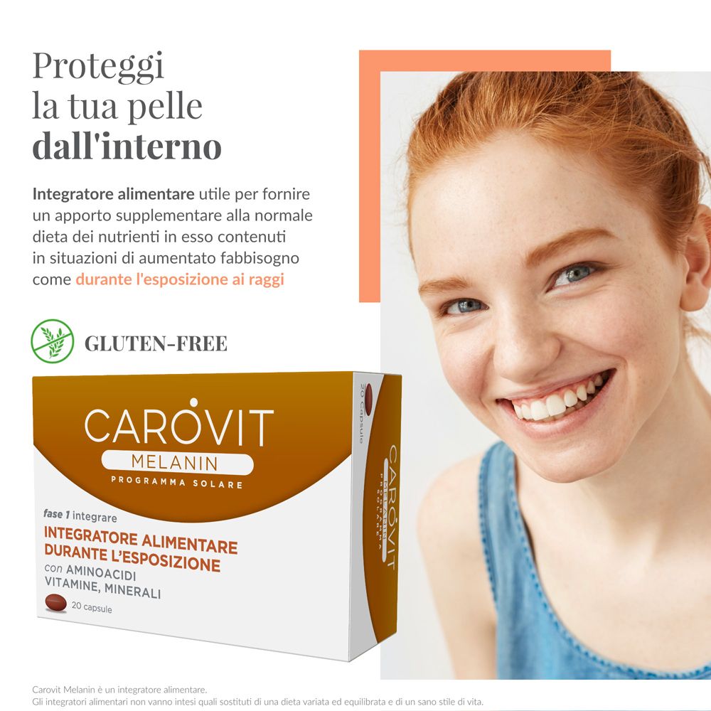 Scatola CAROVIT Melanin Compresse vicino a donna sorridente. Scritta: Gluten-Free. Integratore Alimentare.