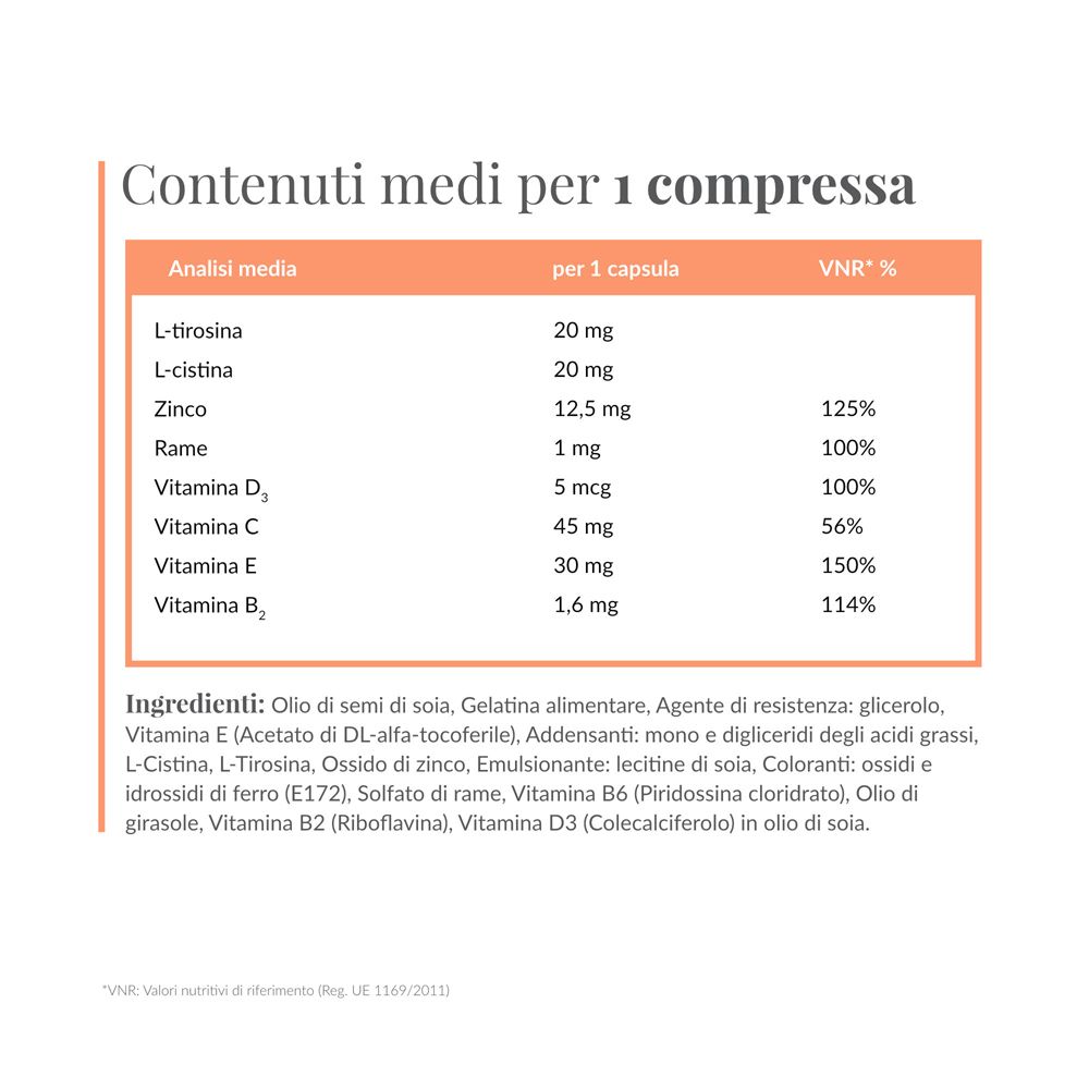 Tabella ingredienti di CAROVIT Melanin Compresse. Contiene: L-Tirosina, L-Cistina, Zinco, Rame, Vitamine.