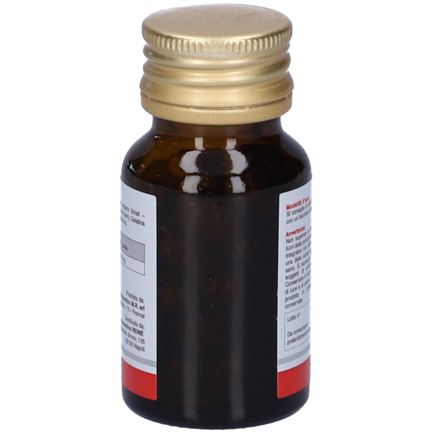 Flacone di vetro marrone con tappo dorato. Etichetta rossa con testo bianco. Nome prodotto: Seregil. Contiene 30 perle.