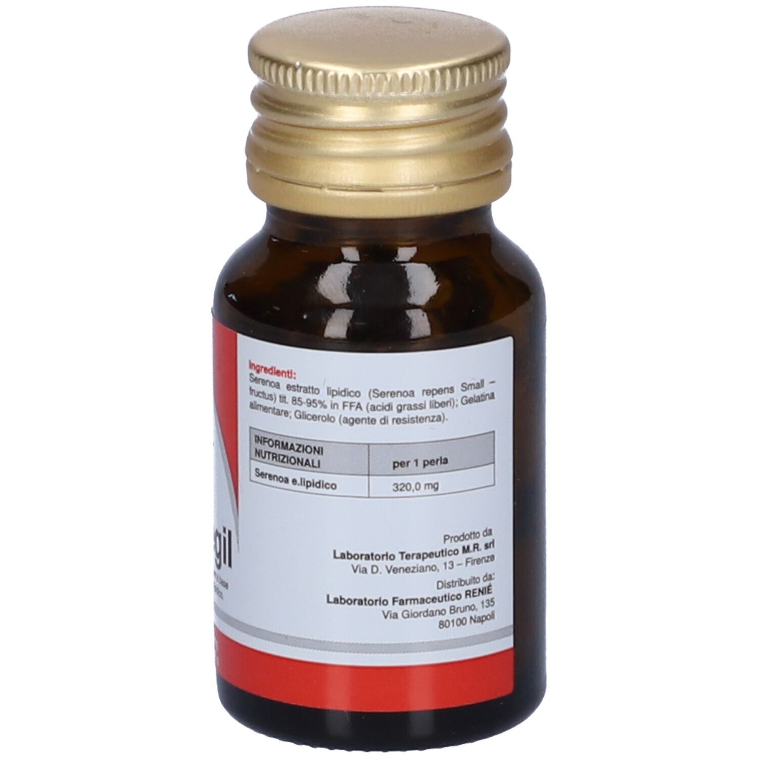 Flacone di vetro marrone con tappo dorato. Etichetta rossa con testo bianco. Nome prodotto: Seregil. Contiene 30 perle.