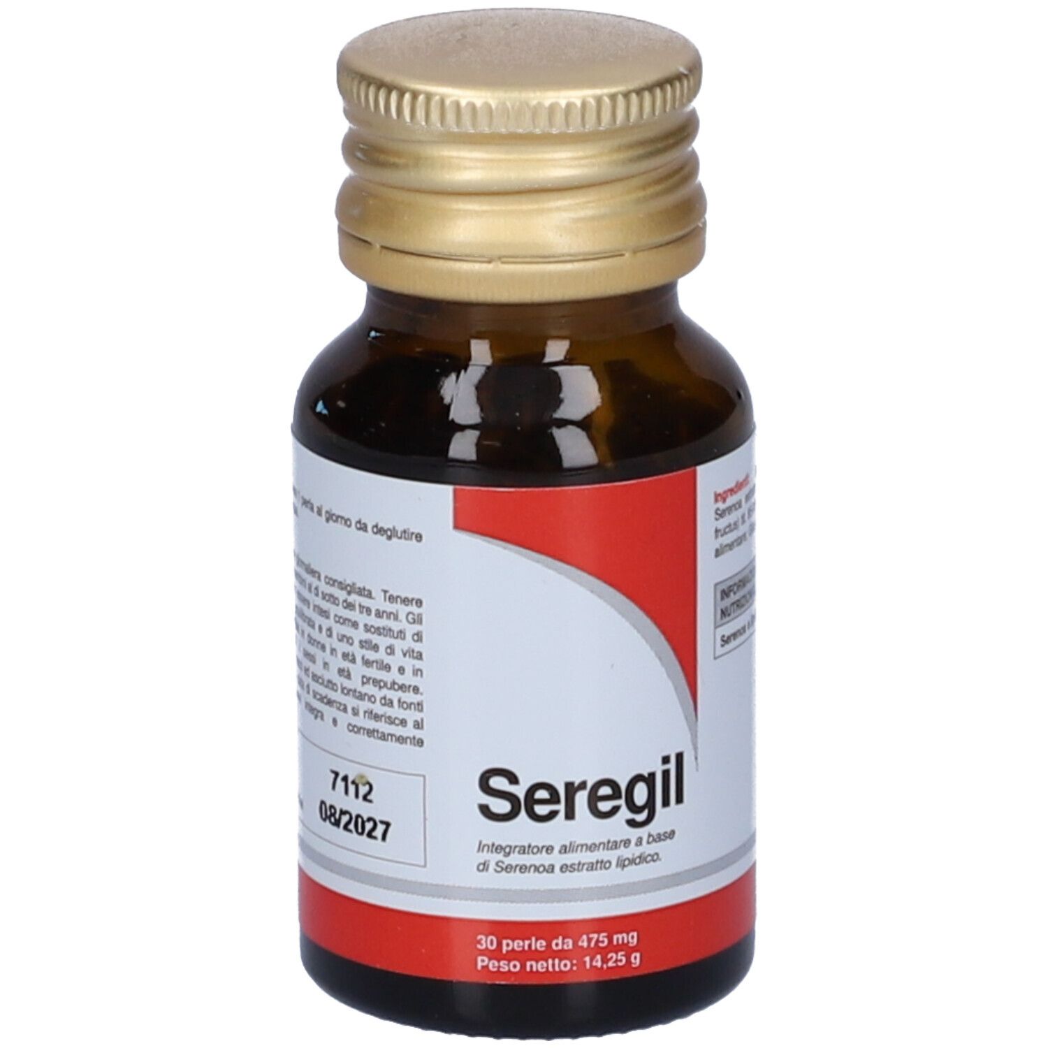 Flacone di vetro marrone con tappo dorato. Etichetta rossa con testo bianco. Nome prodotto: Seregil. Contiene 30 perle.