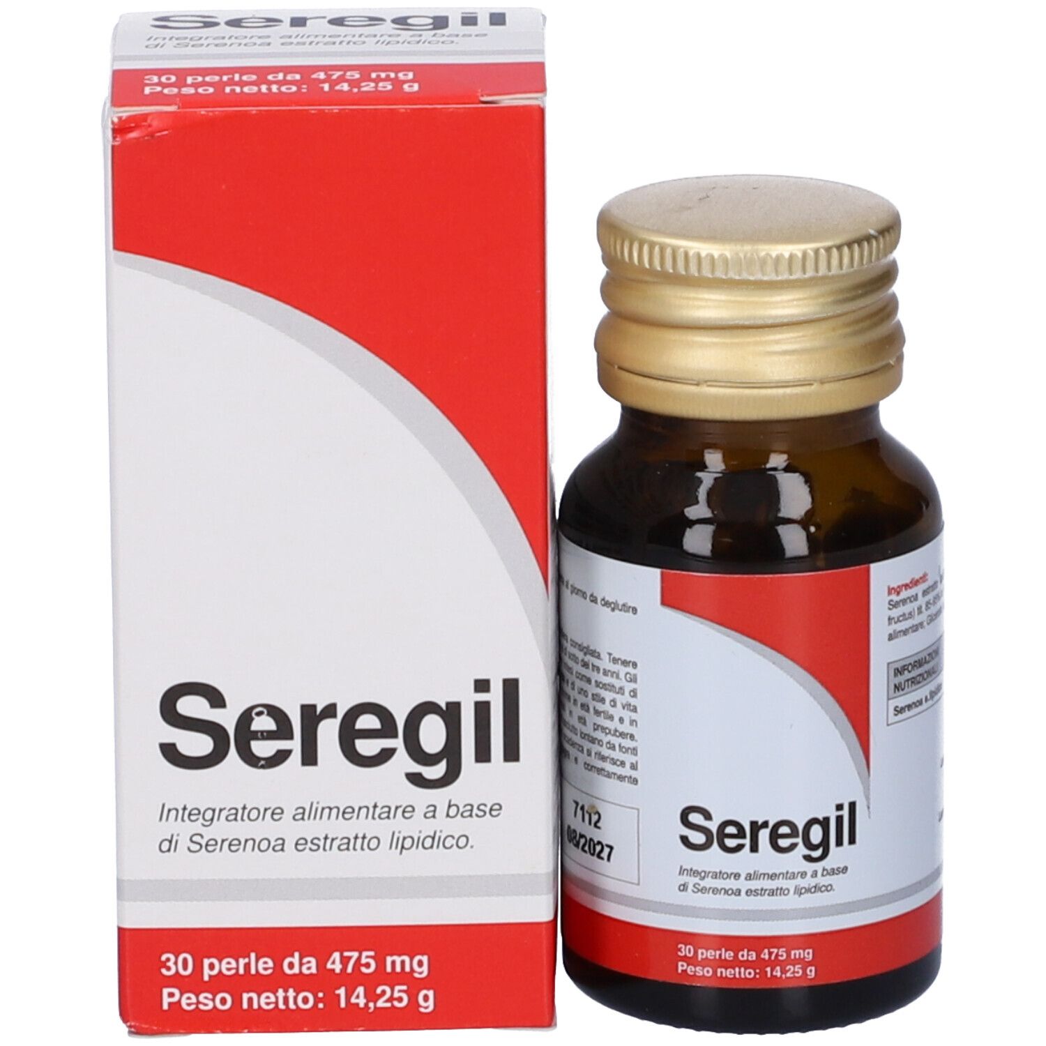 Confezione del prodotto: scatola e flacone. Scatola rossa e bianca con nome prodotto: Seregil. Flacone marrone con tappo dorato.