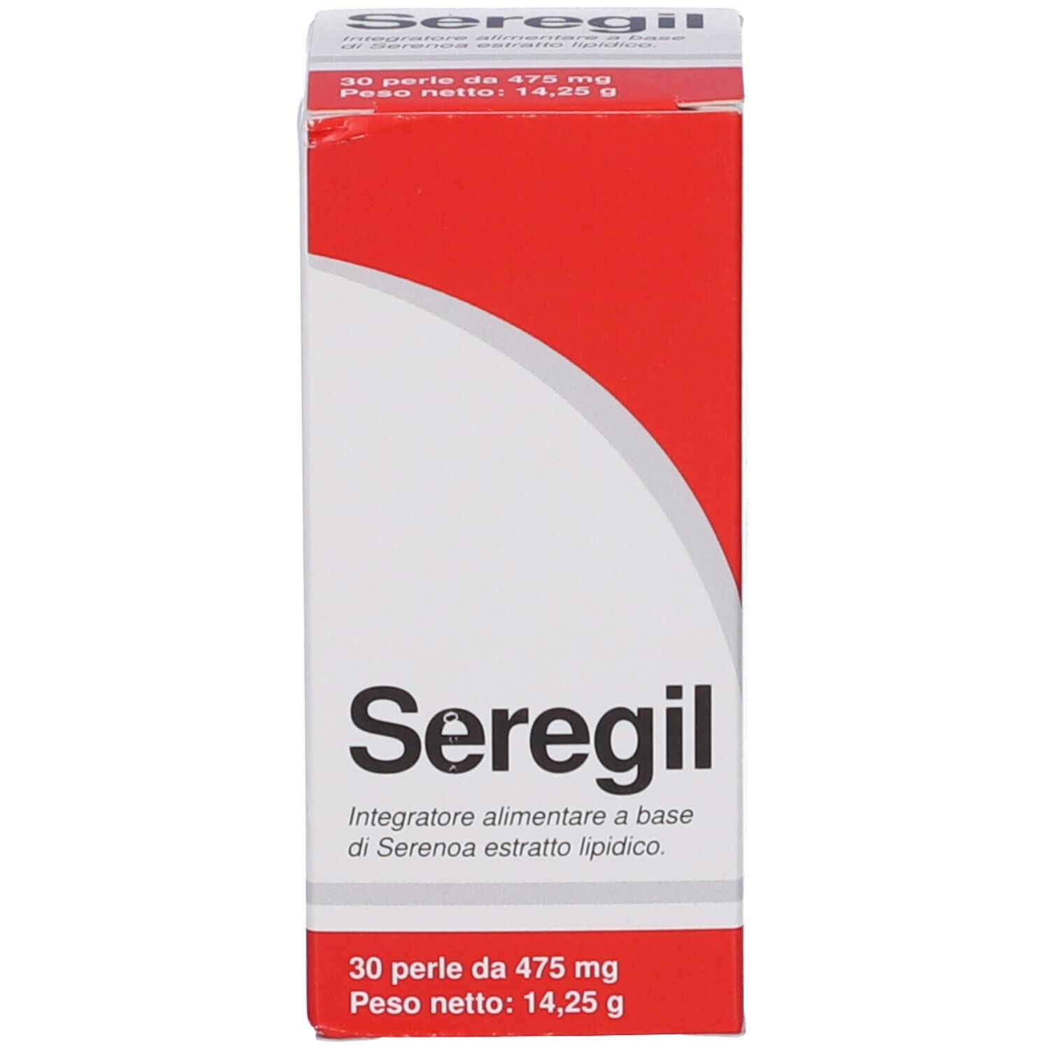 Confezione del prodotto rossa e bianca. Nome prodotto: Seregil. Contiene 30 perle. Peso 14,25 g.