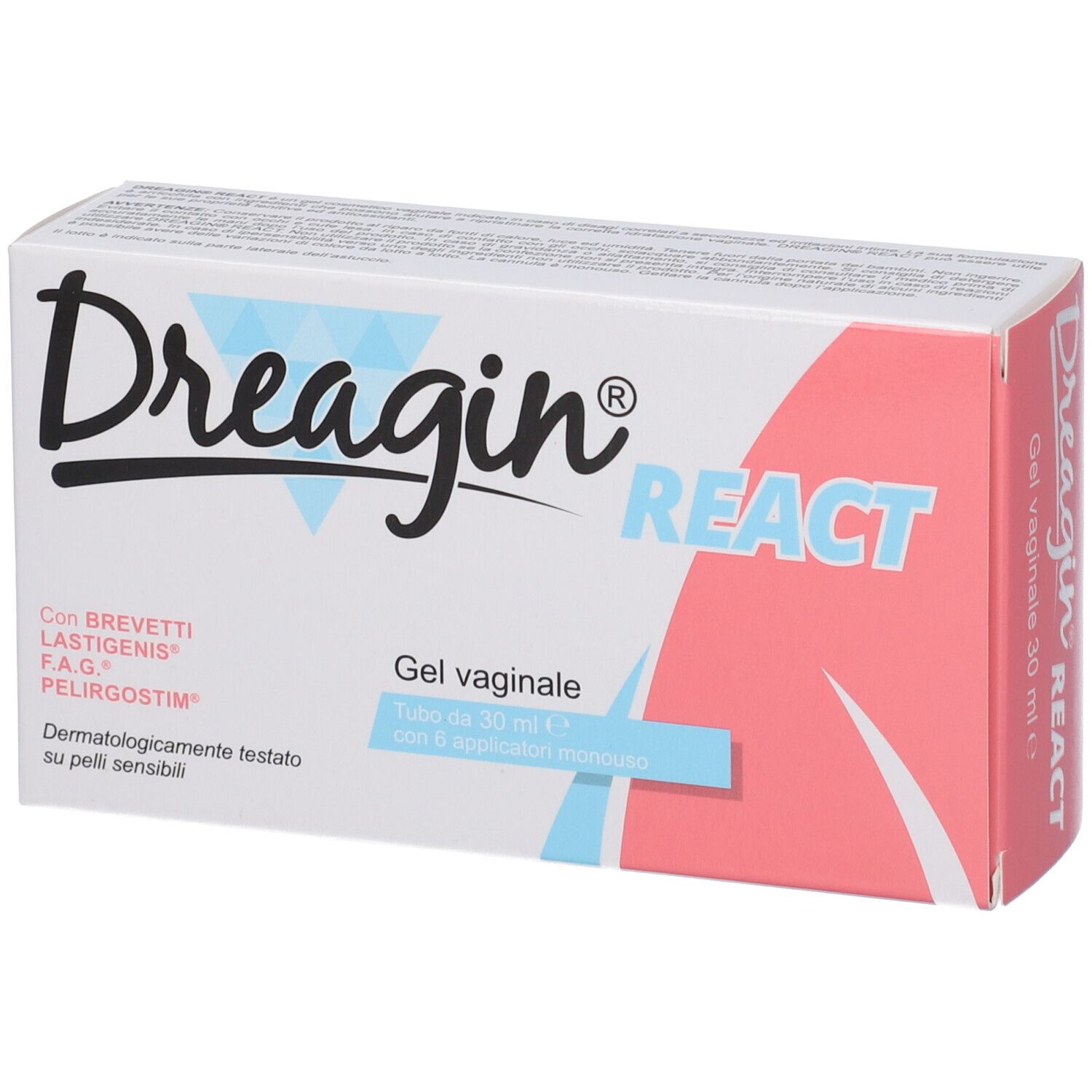 Confezione di Dreagin React Gel. Bianca, con accenti rosa e azzurri. Scritta: Dreagin React, Gel vaginale, 30 ml.