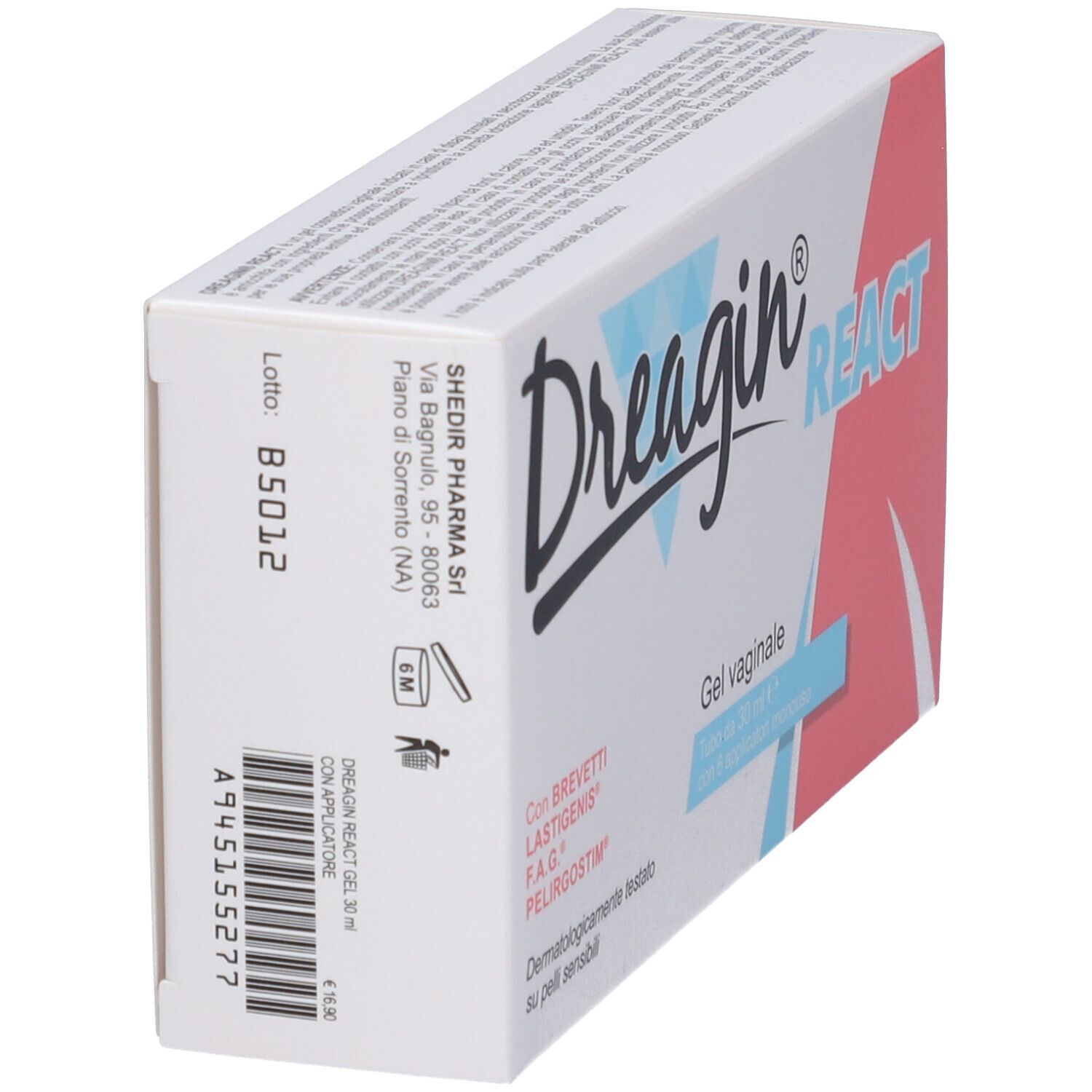Confezione di Dreagin React Gel. Bianca, con accenti rosa e azzurri. Scritte: Dreagin React, Gel vaginale, 30 ml, con applicatore.