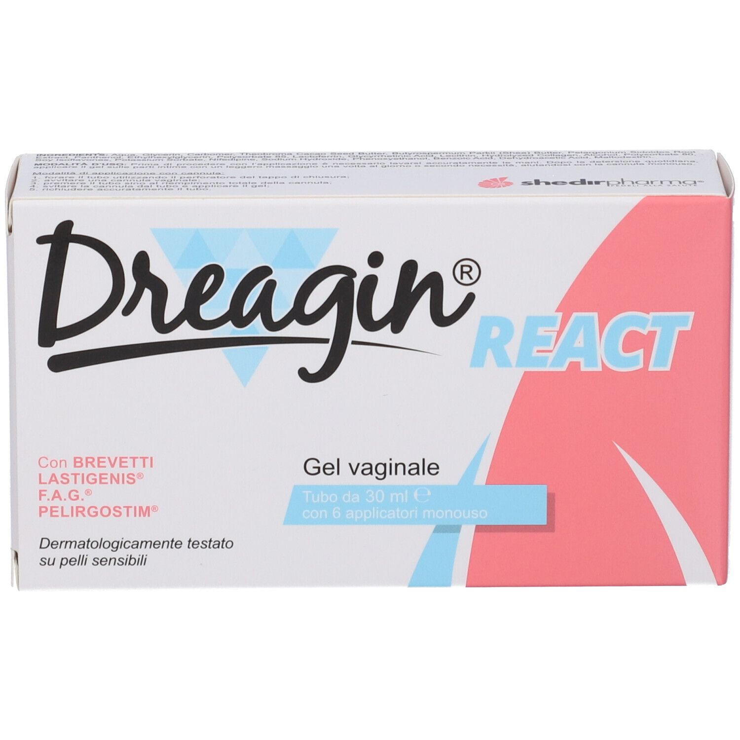 Confezione di Dreagin React Gel. Bianca, con accenti rosa e azzurri. Scritta: Dreagin React, Gel vaginale, 30 ml.