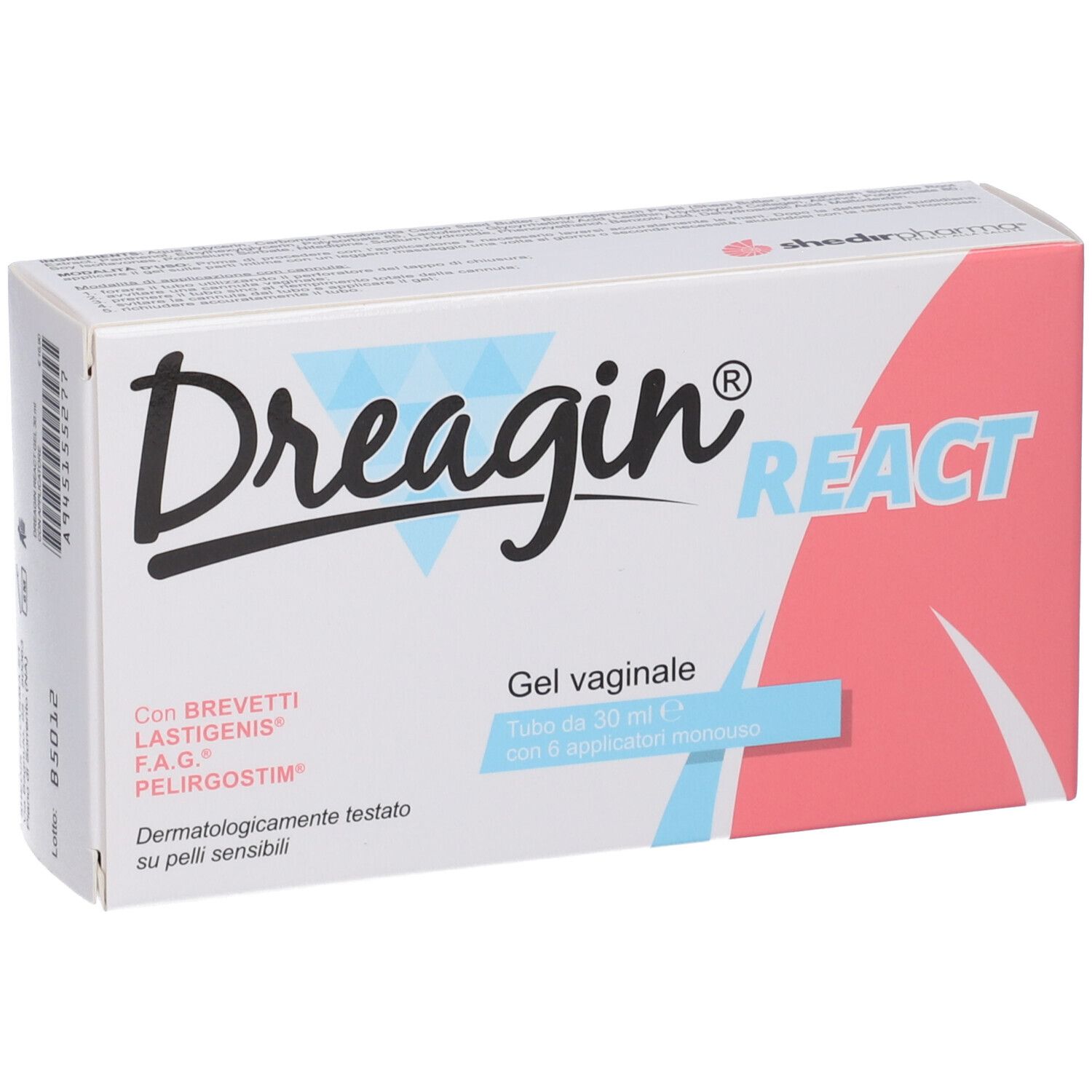 Confezione di Dreagin React Gel. Bianca, con accenti rosa e azzurri. Scritta: Dreagin React, Gel vaginale, 30 ml.