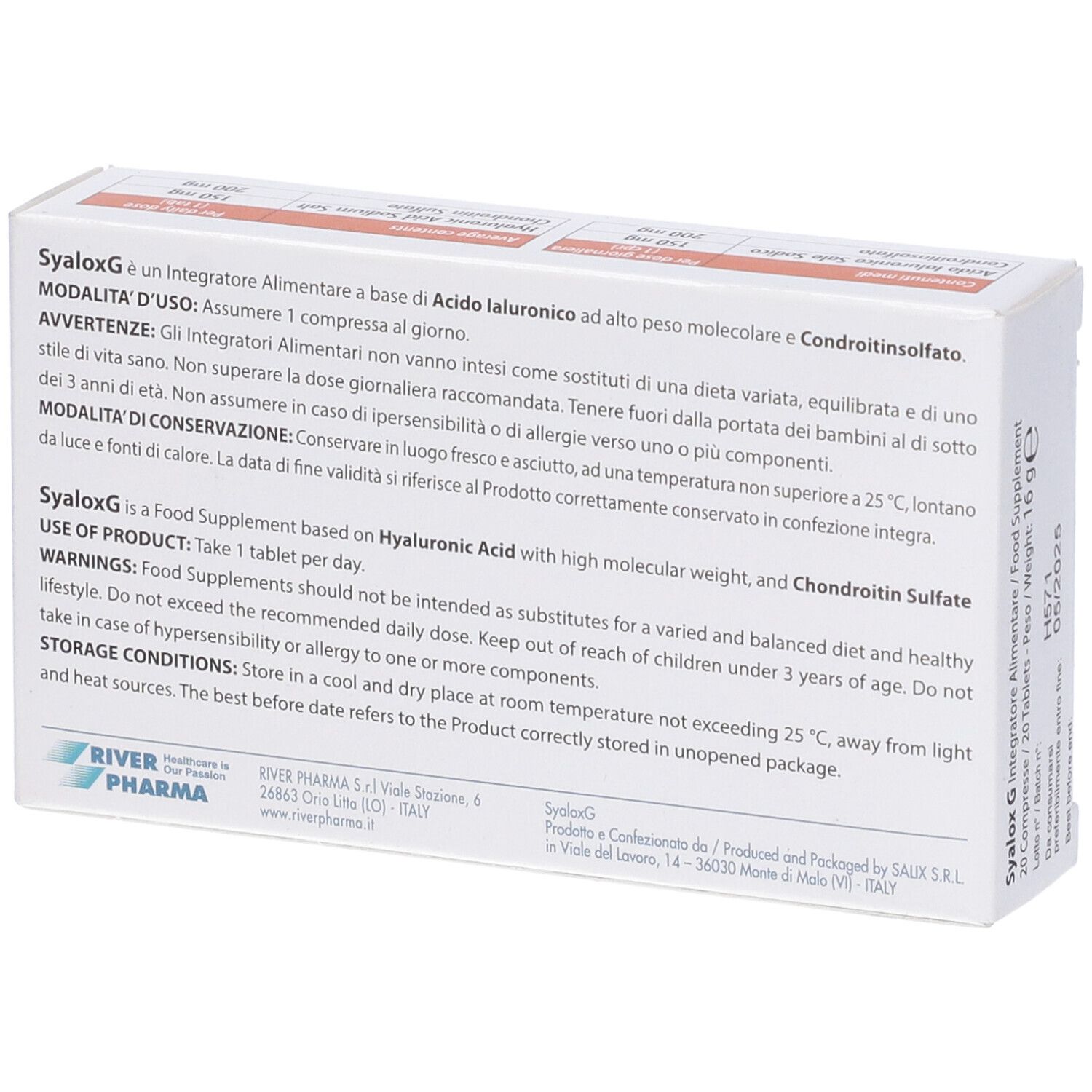 Retro della scatola bianca Syalox G. Testo su uso e ingredienti. Logo River Pharma. Prodotto in Italia.
