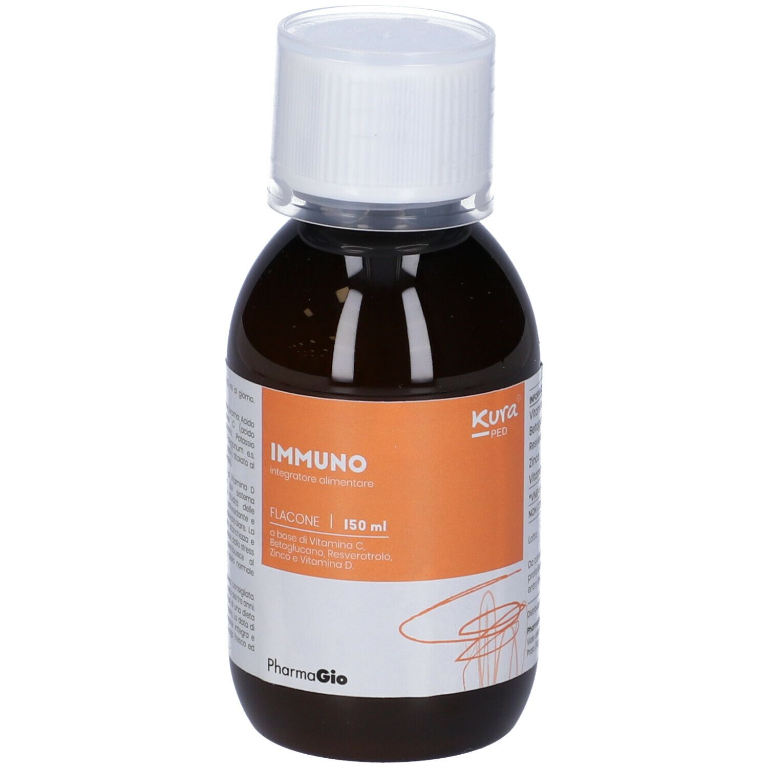 Flacone Kura Ped Immuno. Liquido marrone in flacone con tappo bianco. Informazioni sul prodotto sull'etichetta.