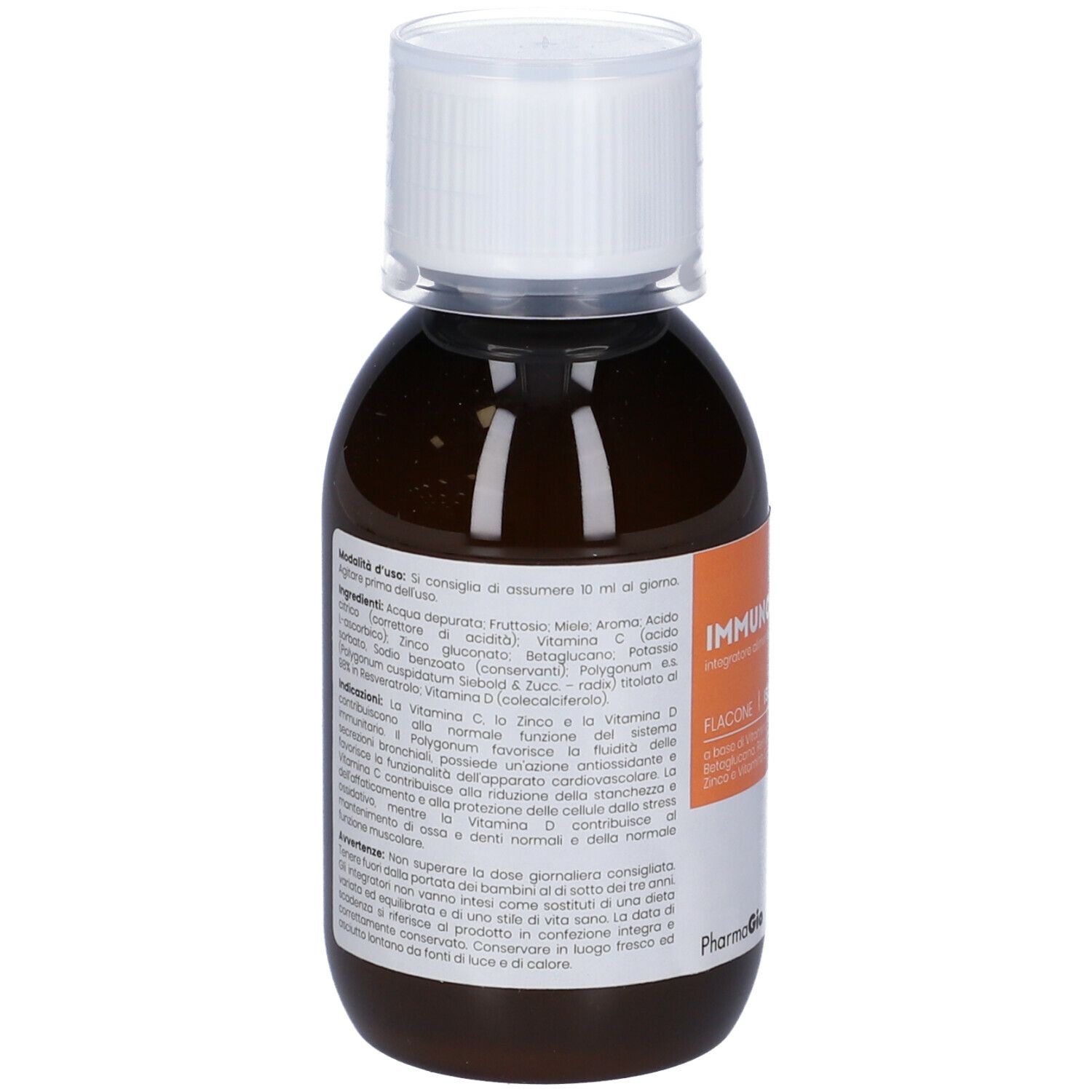 Flacone Kura Ped Immuno. Vista posteriore con informazioni sul prodotto. Tappo bianco. Etichetta con ingredienti e dosaggio.