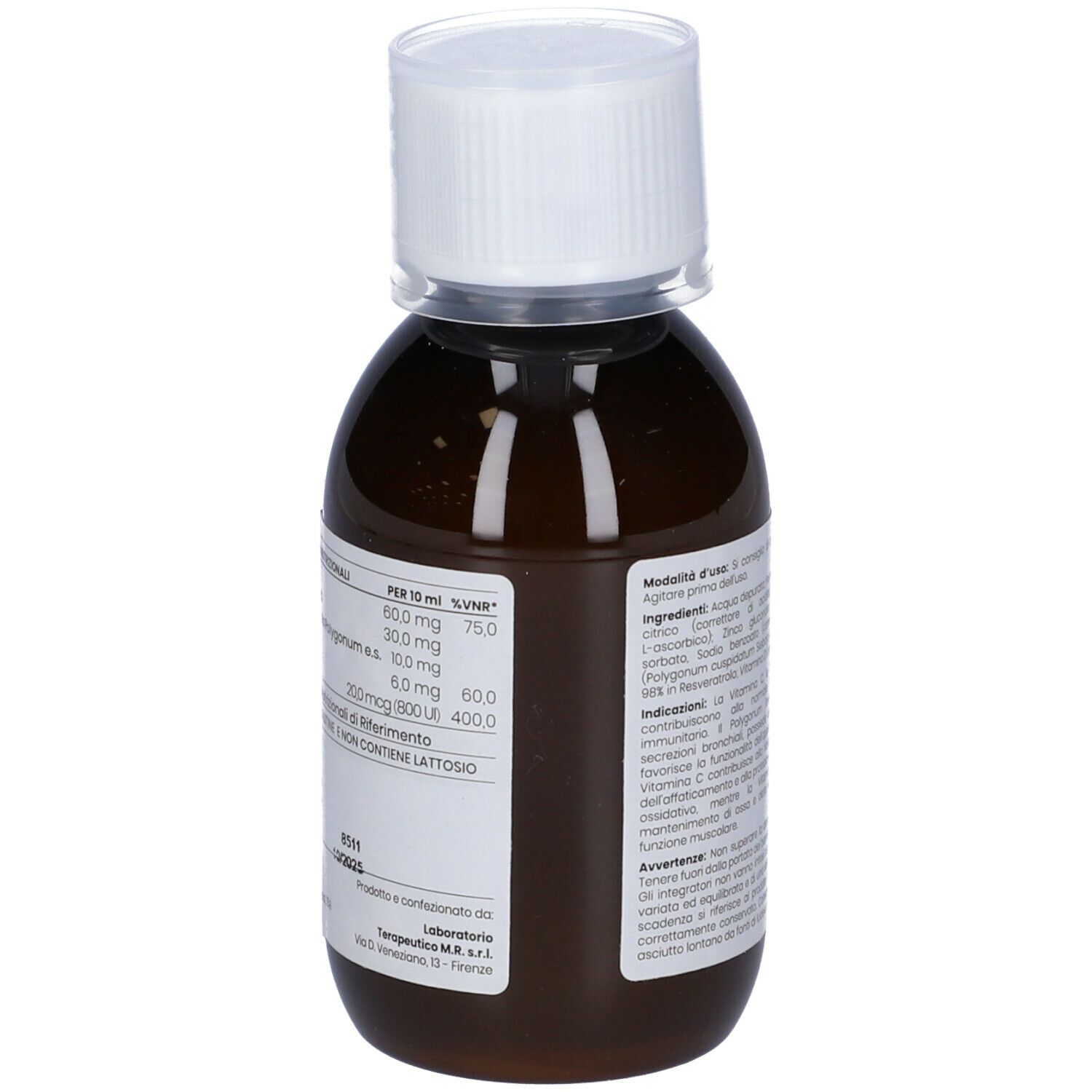 Flacone Kura Ped Immuno. Vista posteriore con informazioni sul prodotto. Tappo bianco. Etichetta con ingredienti e dosaggio.