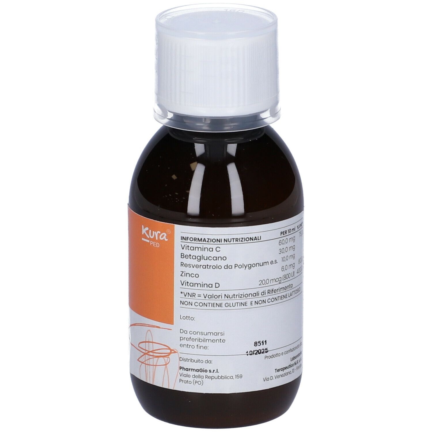 Flacone Kura Ped Immuno. Vista posteriore con informazioni sul prodotto. Tappo bianco. Etichetta con ingredienti e dosaggio.